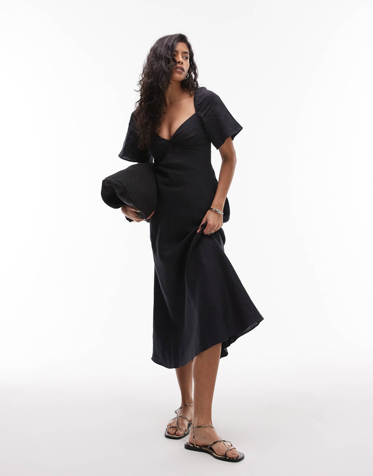 & Other Stories linen puff sleeve midaxi dress with twist sweetheart neckline in black - ASOS Sample Sale