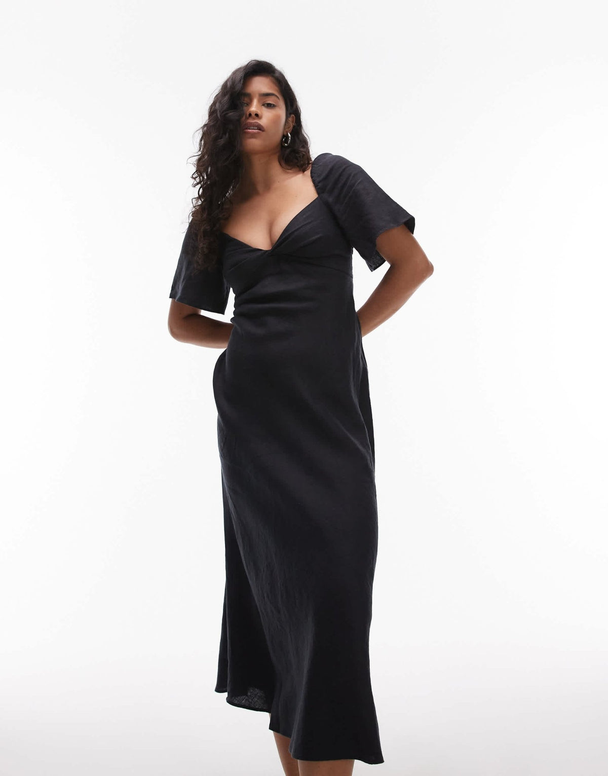 & Other Stories linen puff sleeve midaxi dress with twist sweetheart neckline in black - ASOS Sample Sale