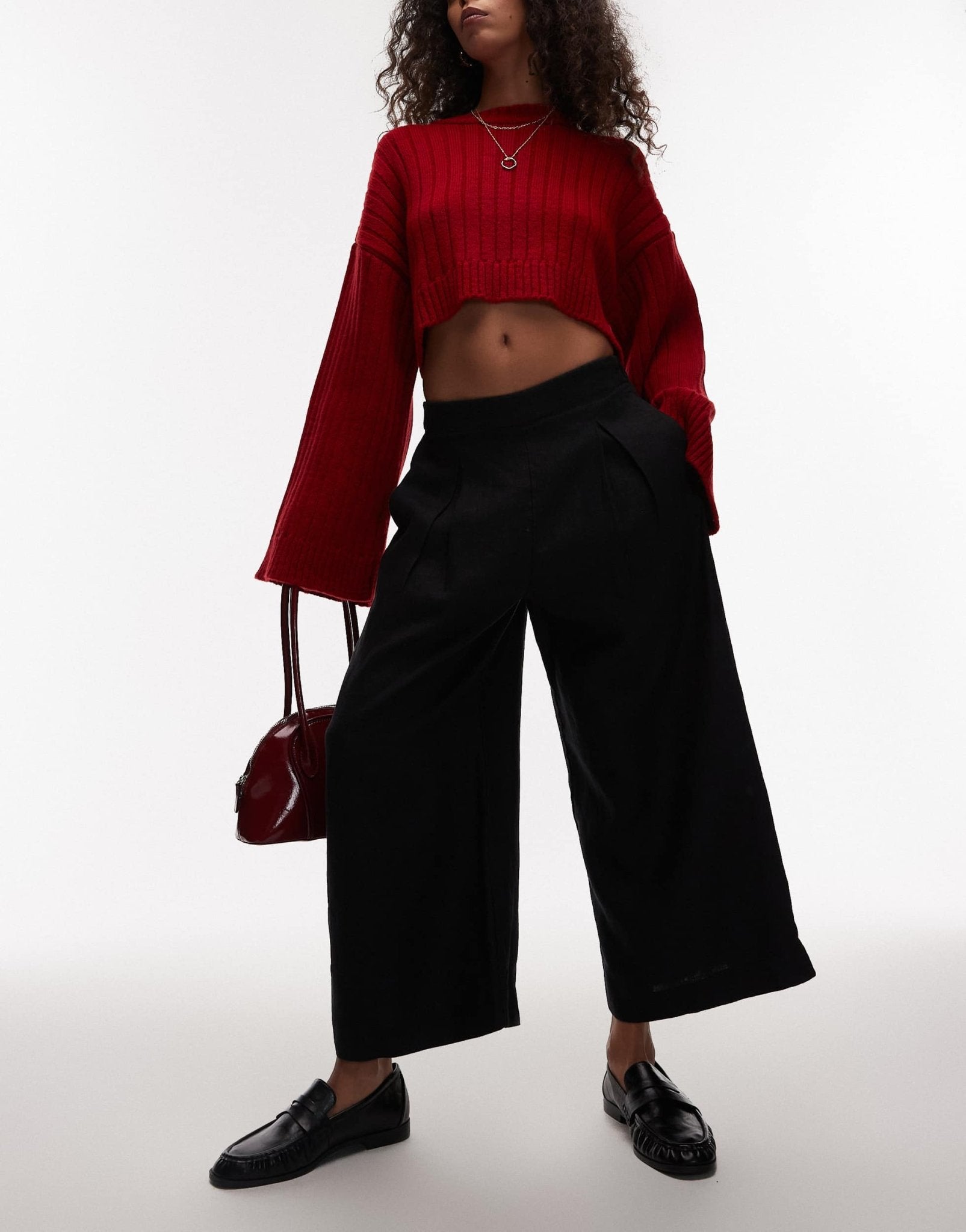 & Other Stories linen pull-on wide leg trousers with box pleat detail in black - ASOS Sample Sale