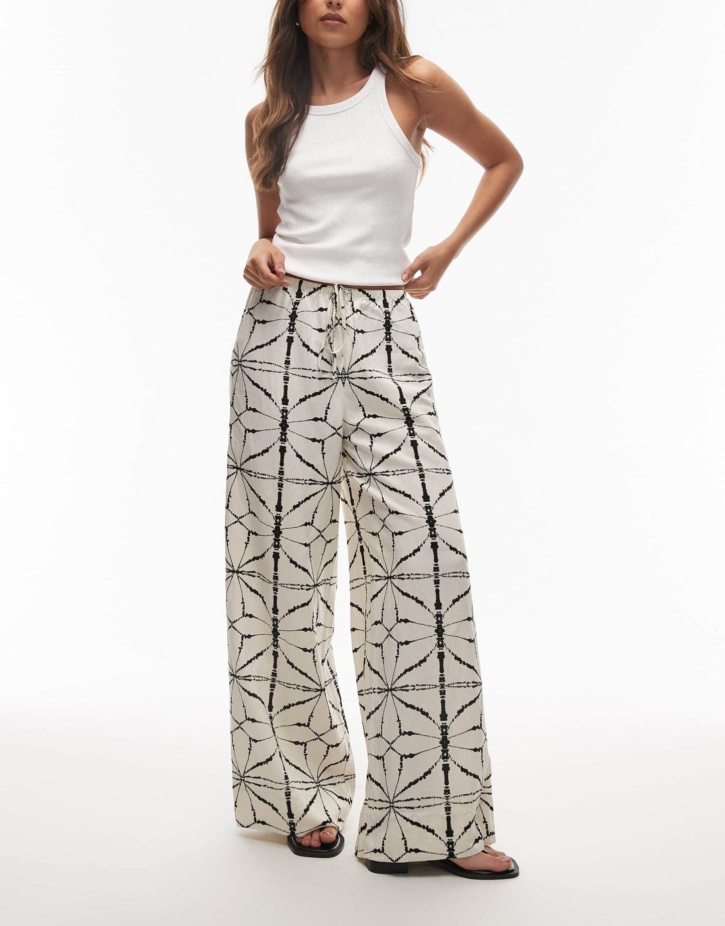 & Other Stories linen wide leg trousers with drawstring waist in off white and black pattern - ASOS Sample Sale