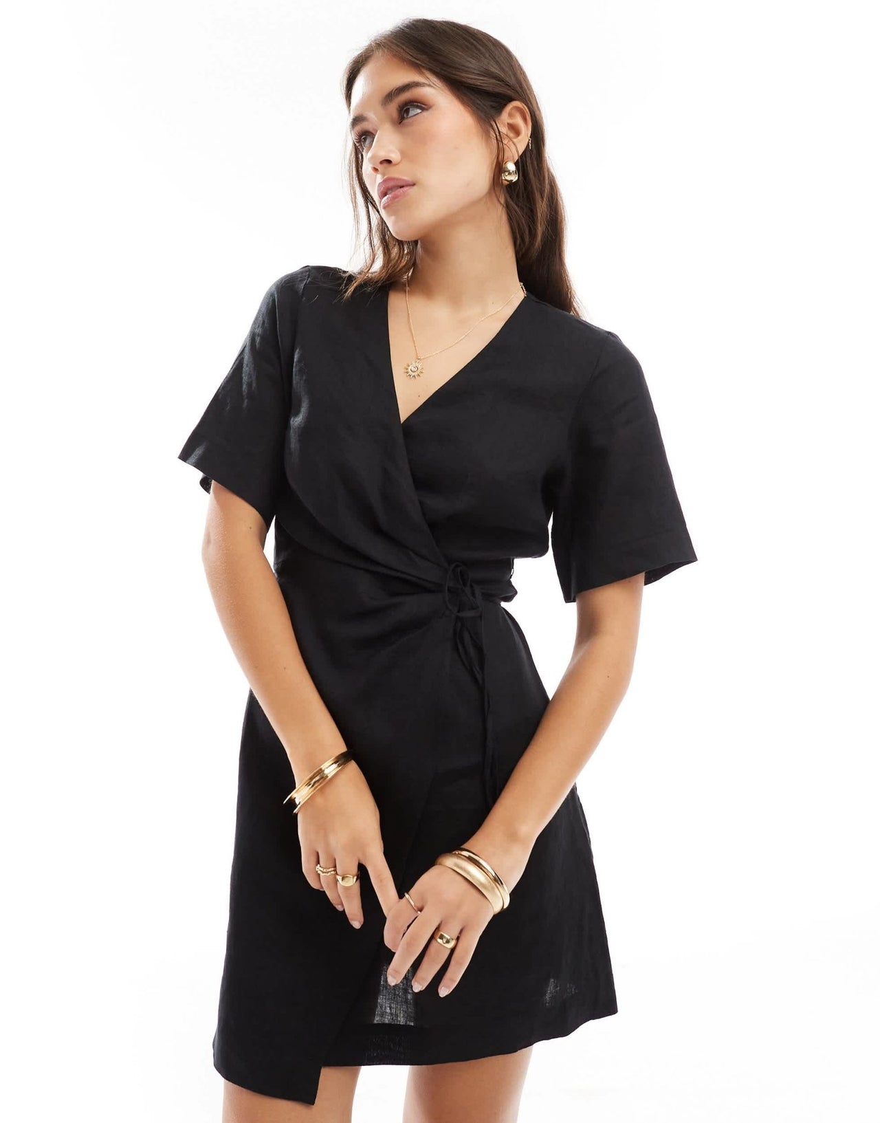 & Other Stories linen wrap mini dress in black - ASOS Sample Sale