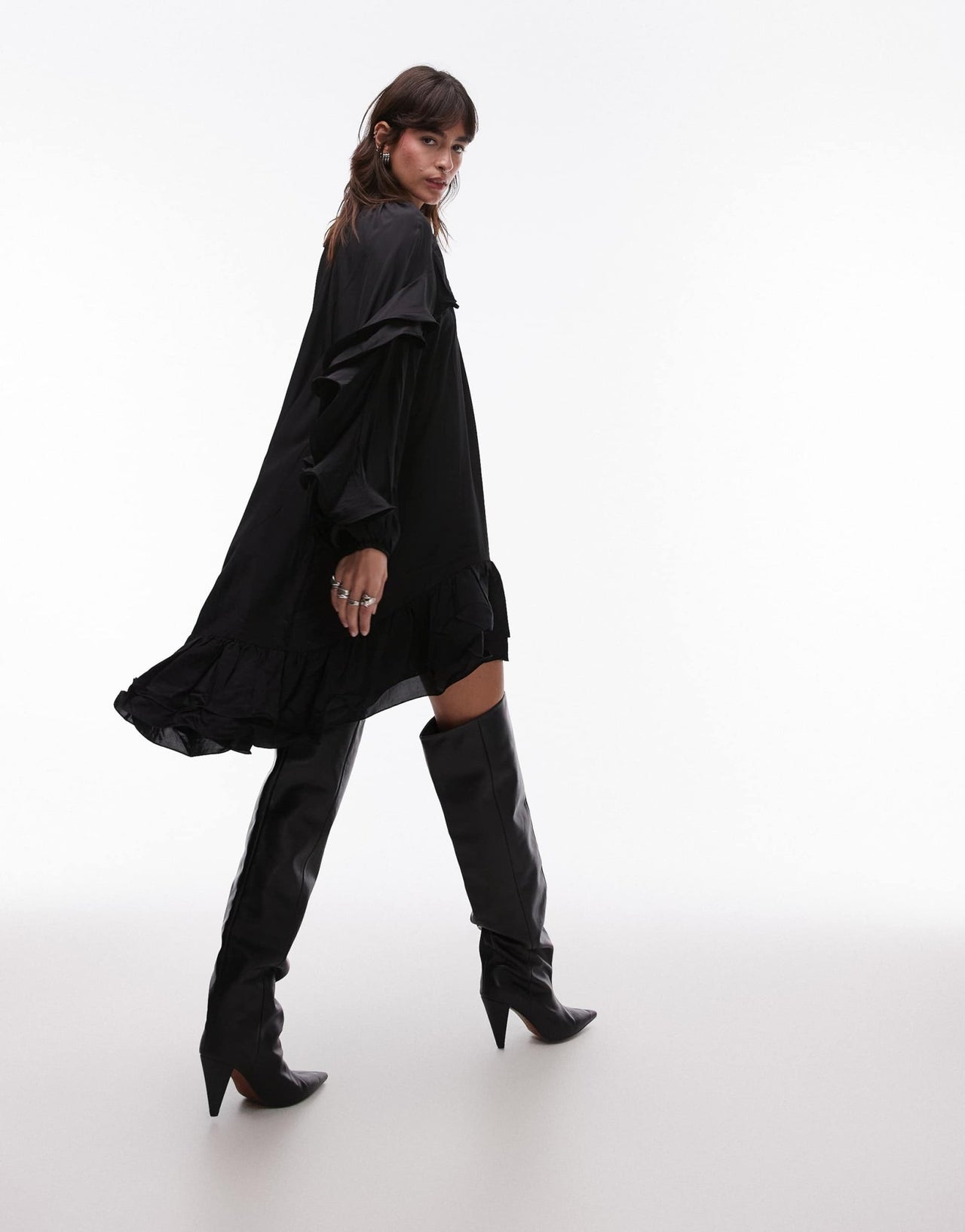 & Other Stories long sleeve floaty midi dress with ruffle detail in black - ASOS Sample Sale