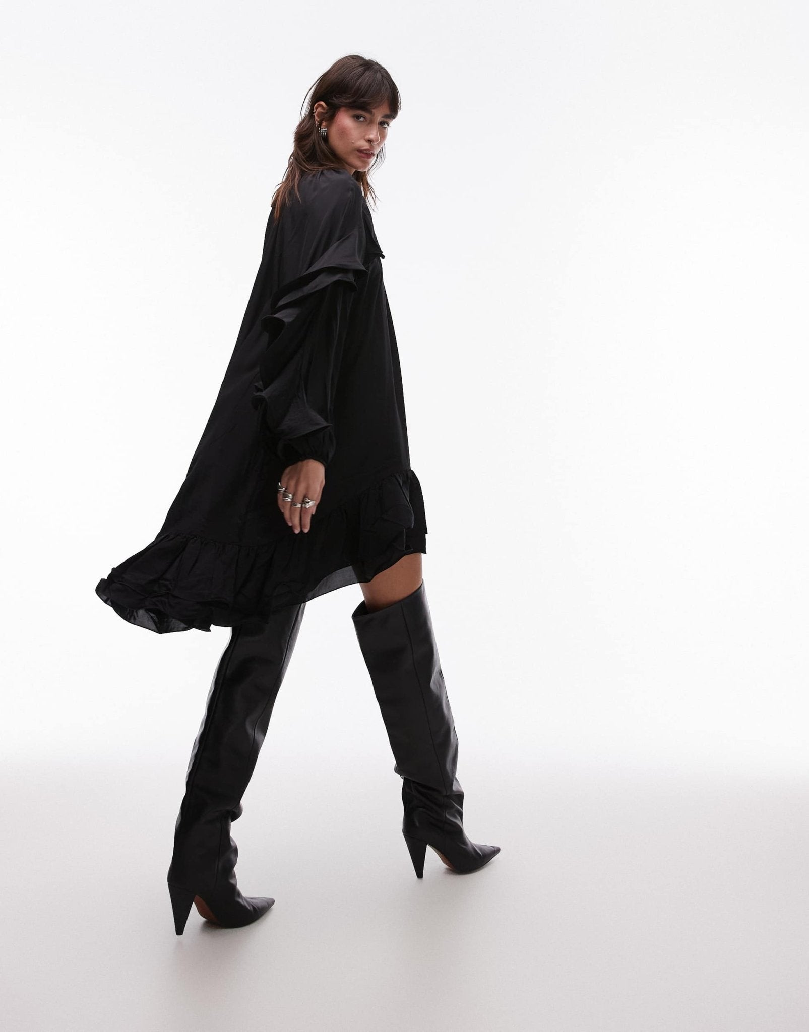 & Other Stories long sleeve floaty midi dress with ruffle detail in black - ASOS Sample Sale