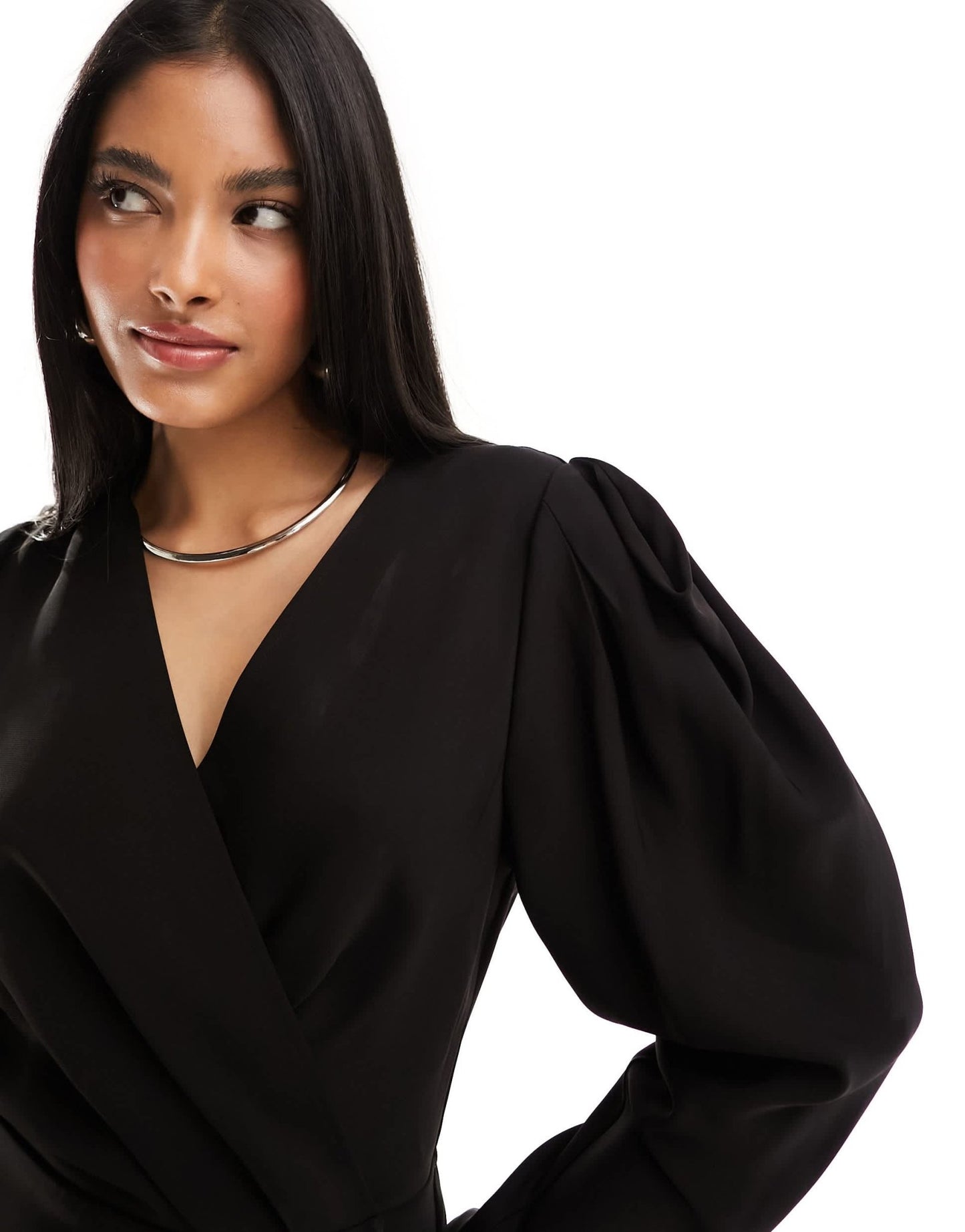 & Other Stories long sleeve wrap mini dress with extended shoulders in black - ASOS Sample Sale