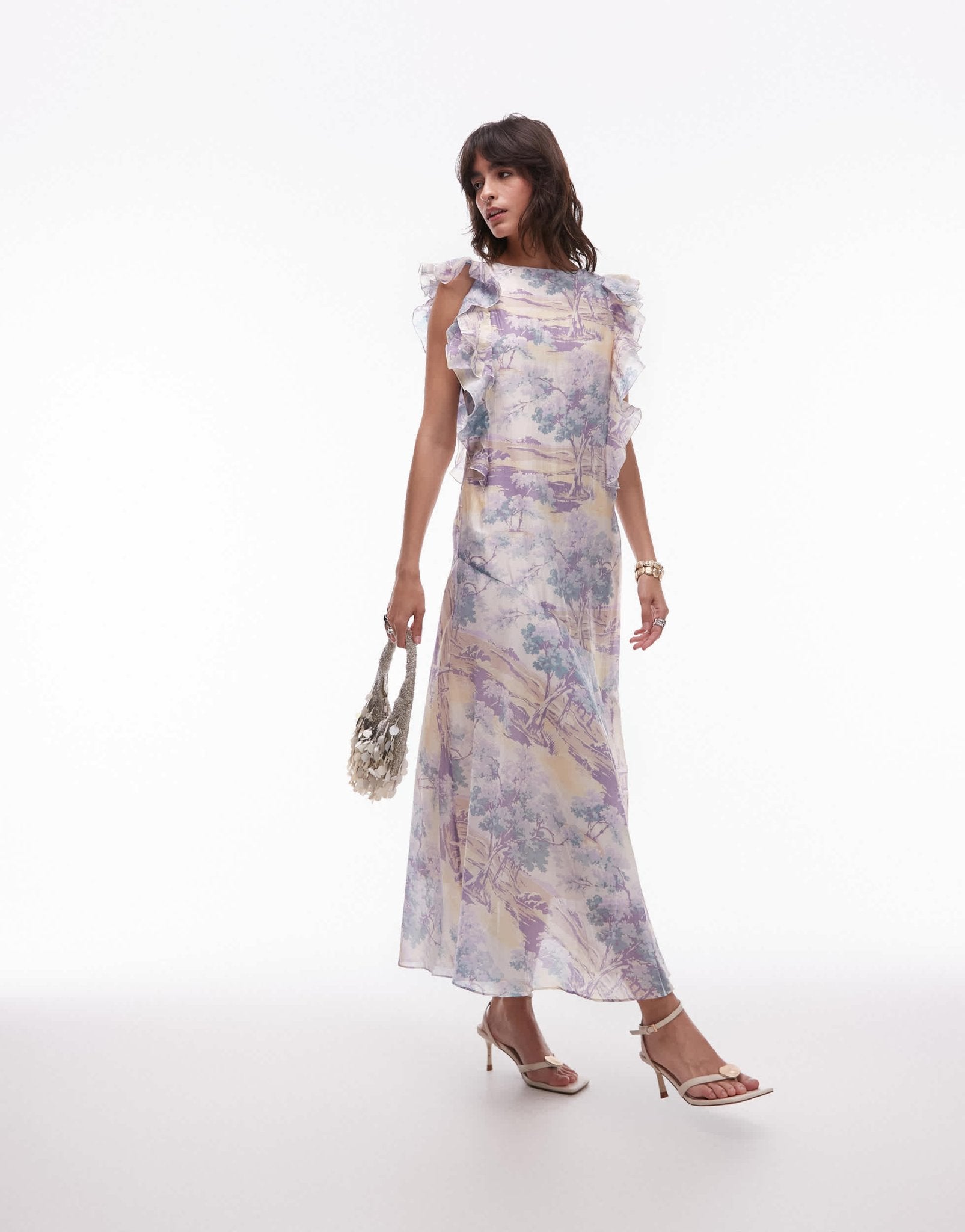 & Other Stories maxi dress with ruffle edging and low back in vintage landscape print - ASOS Sample Sale