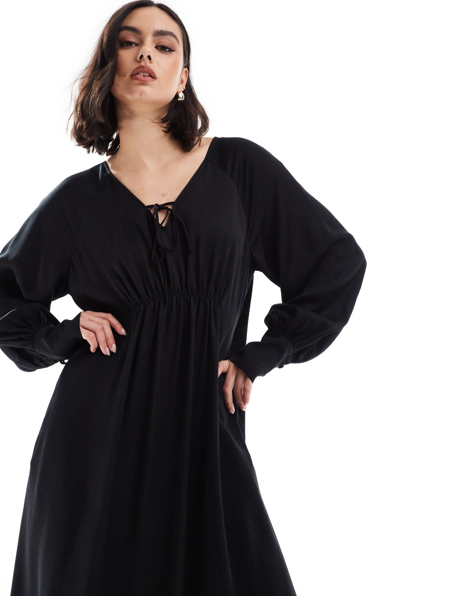 & Other Stories maxi dress with tie front v - neckline and long sleeves in black - ASOS Sample Sale
