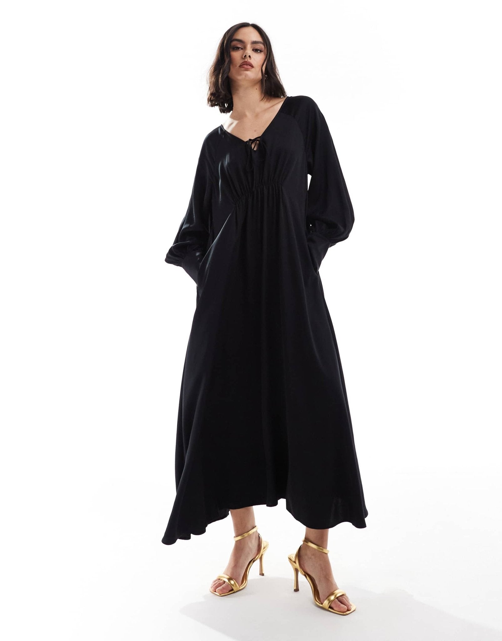 & Other Stories maxi dress with tie front v - neckline and long sleeves in black - ASOS Sample Sale