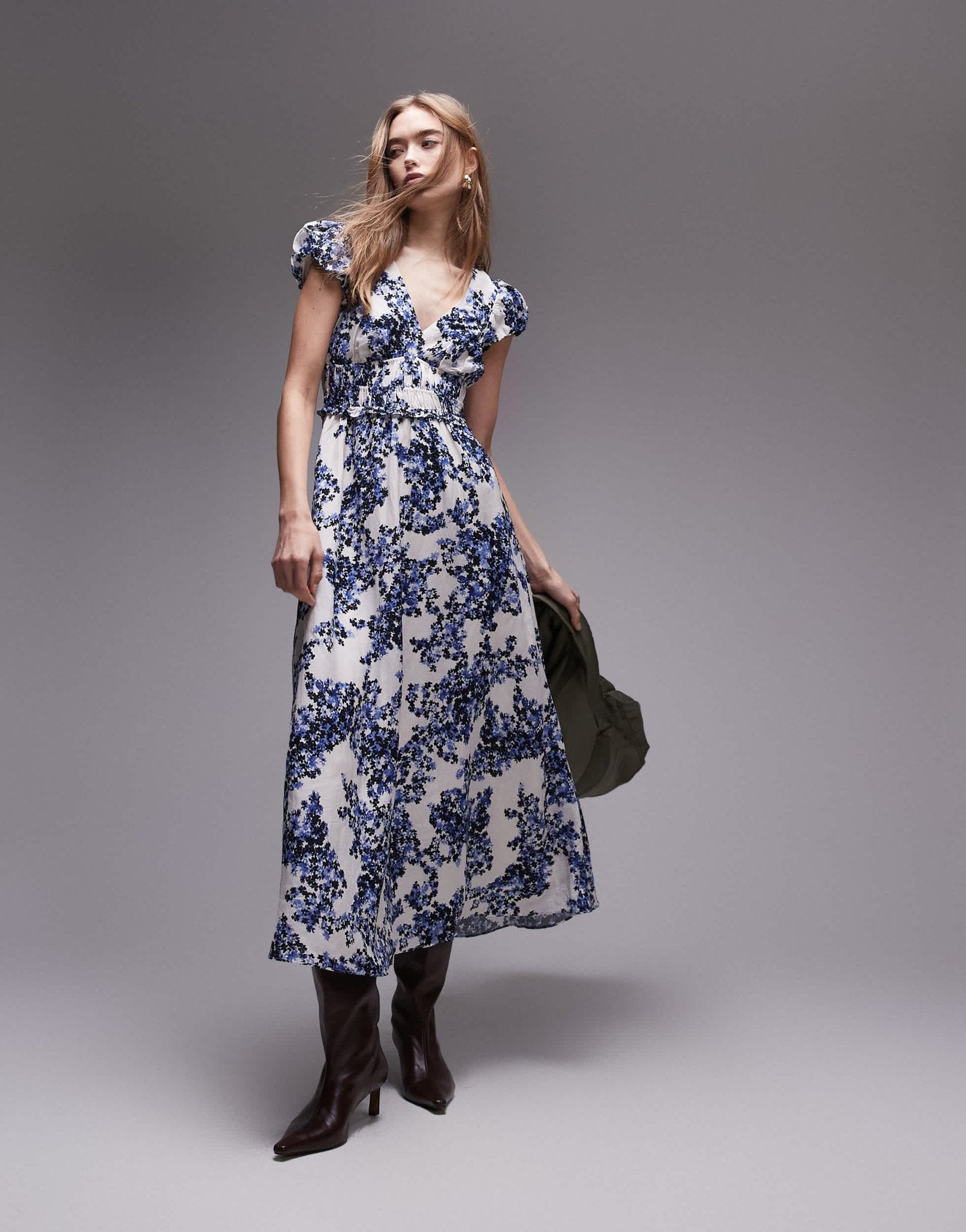 & Other Stories maxi dress with tier hem and ruffle sleeves in blue porcelain floral print - ASOS Sample Sale