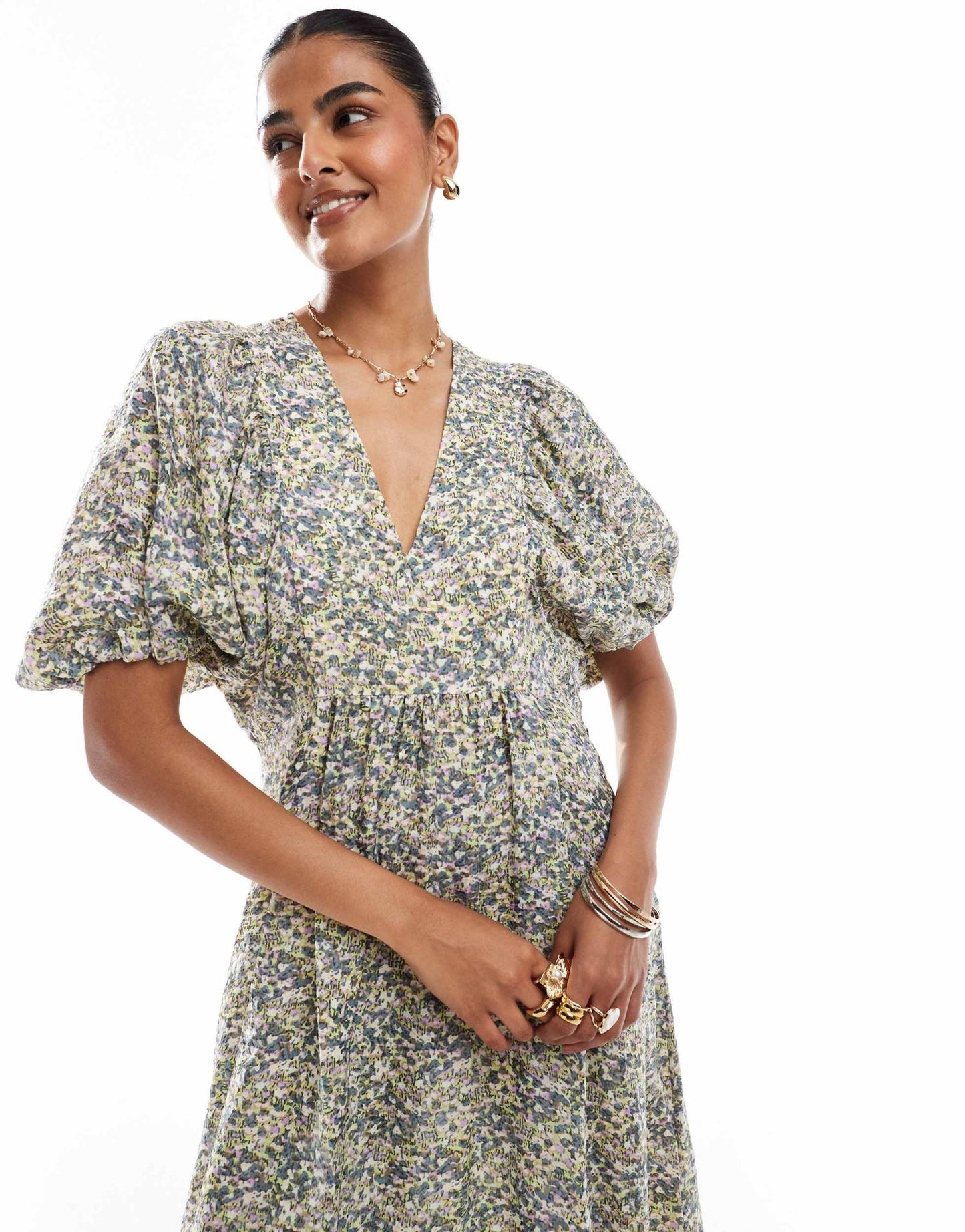 & Other Stories maxi dress with volume sleeves in muted floral jacquard print - ASOS Sample Sale