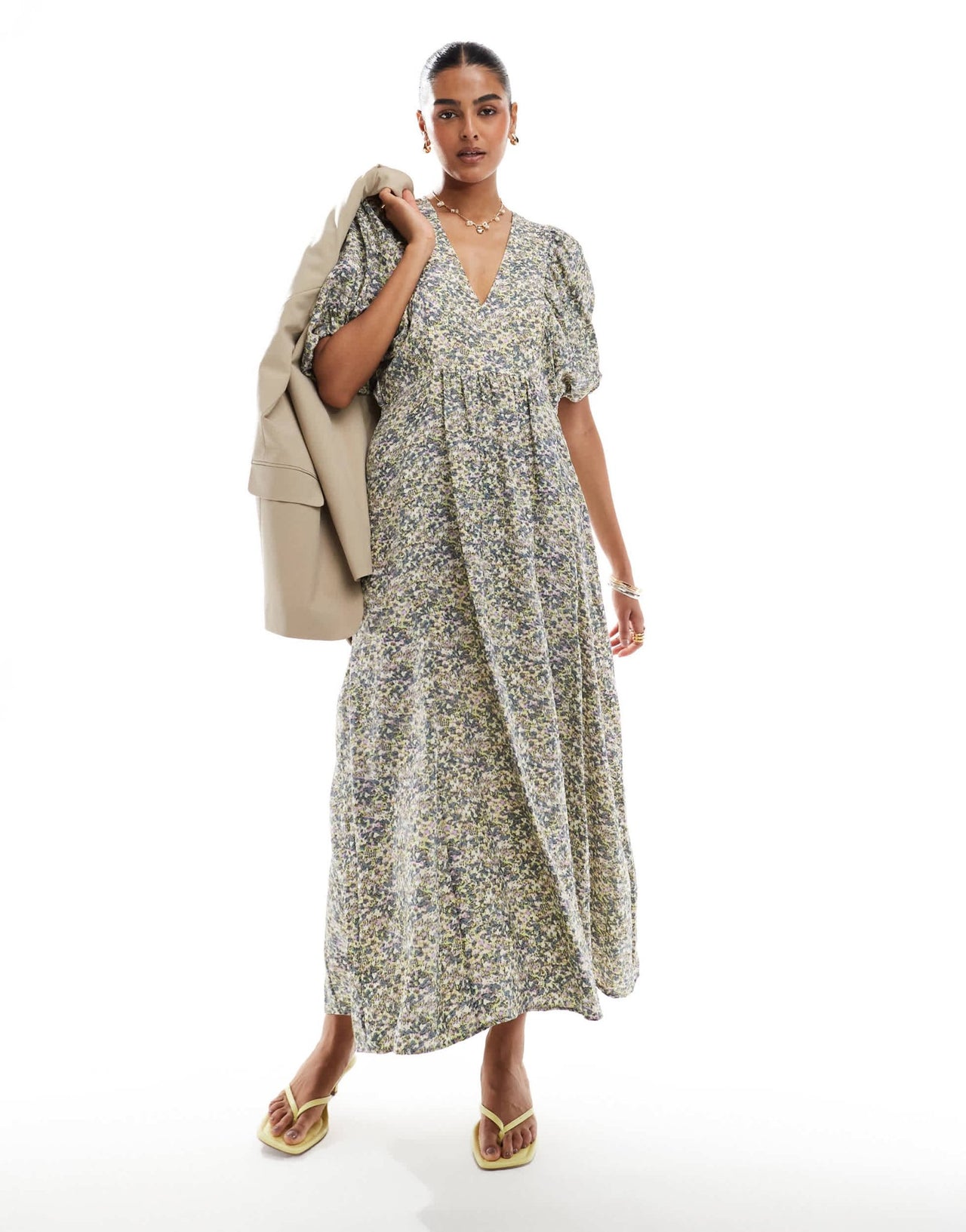 & Other Stories maxi dress with volume sleeves in muted floral jacquard print - ASOS Sample Sale