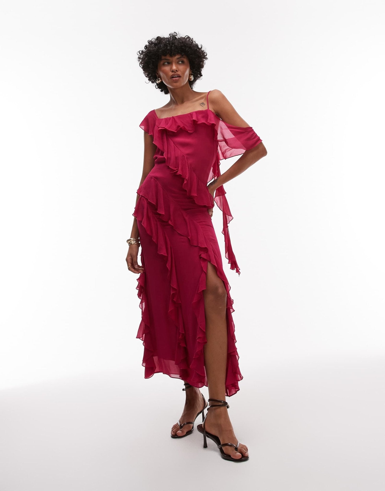 & Other Stories maxi slip dress with tiered ruffle detail and low tie back in pink - ASOS Sample Sale