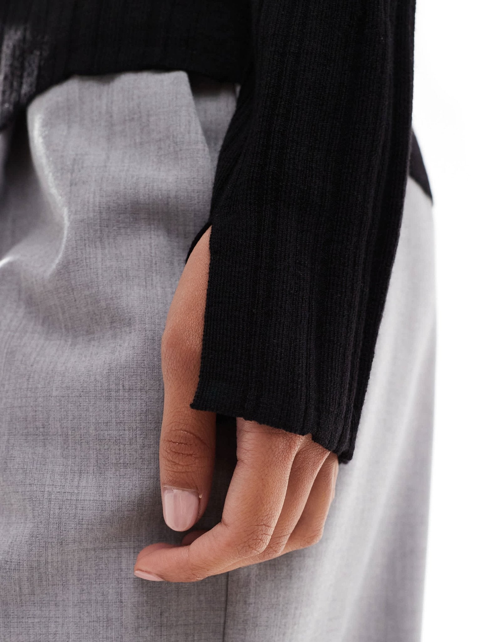 & Other Stories merino wool knitted rib fitted top with boat neck and split cuffs in black - ASOS Sample Sale