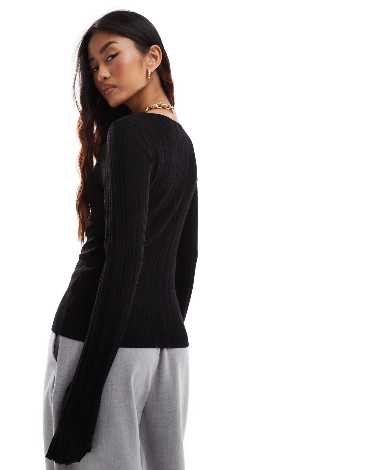 & Other Stories merino wool knitted rib fitted top with boat neck and split cuffs in black - ASOS Sample Sale