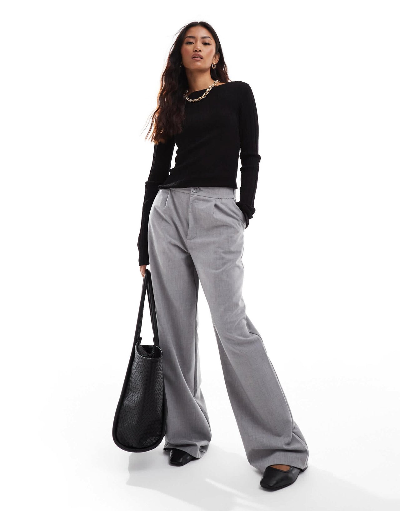 & Other Stories merino wool knitted rib fitted top with boat neck and split cuffs in black - ASOS Sample Sale