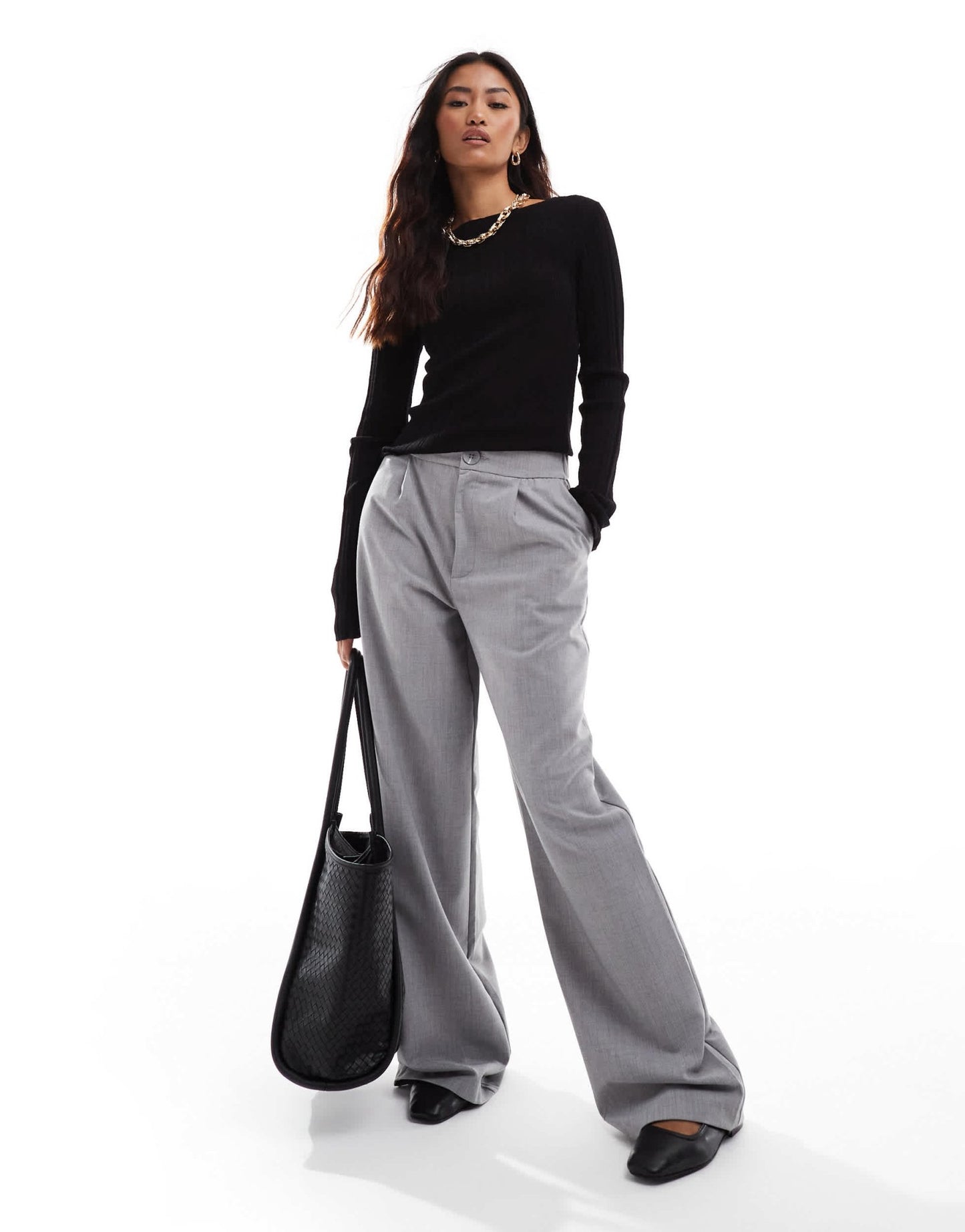 & Other Stories merino wool knitted rib fitted top with boat neck and split cuffs in black - ASOS Sample Sale