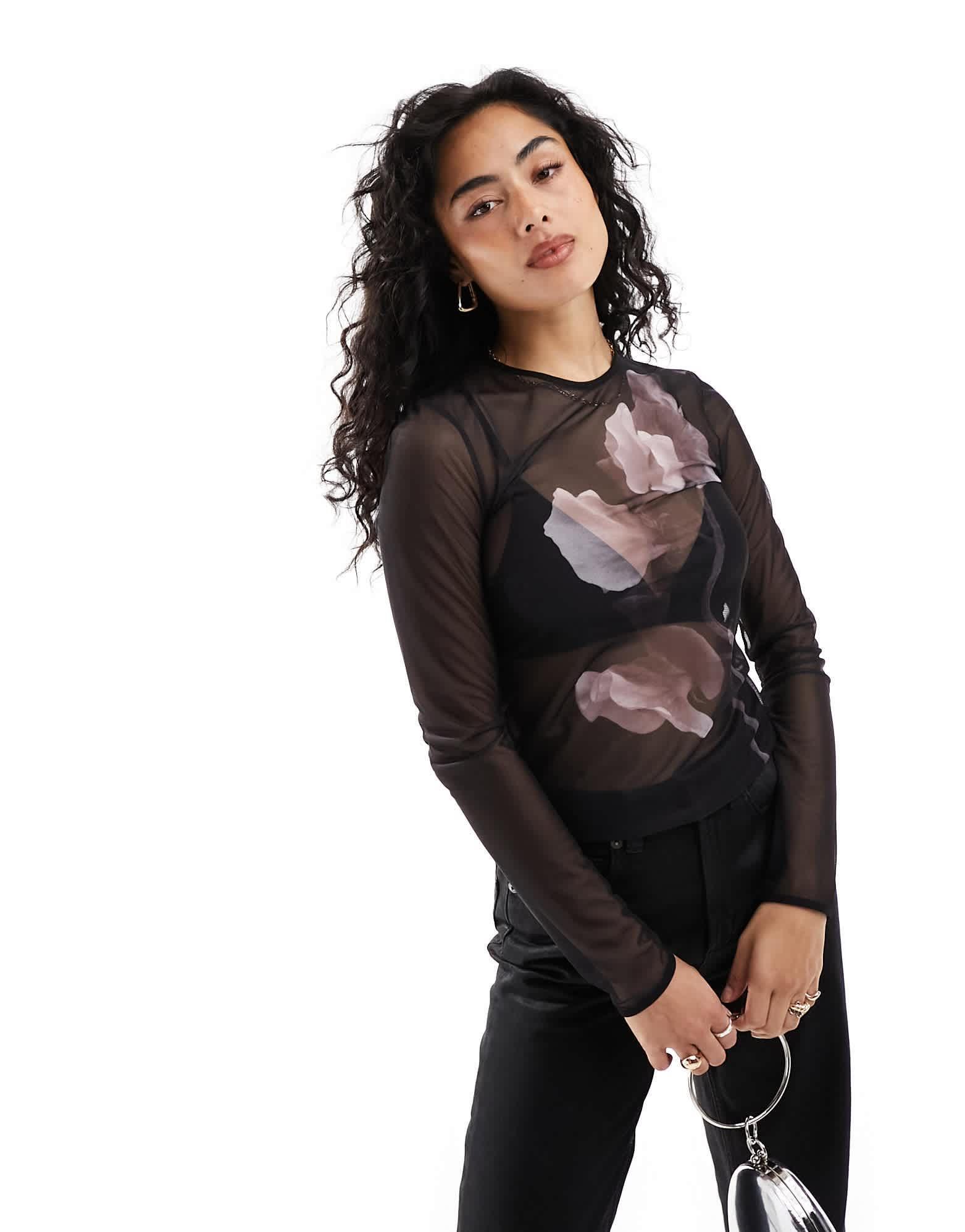 & Other Stories mesh long sleeve top in black with floral front print - ASOS Sample Sale