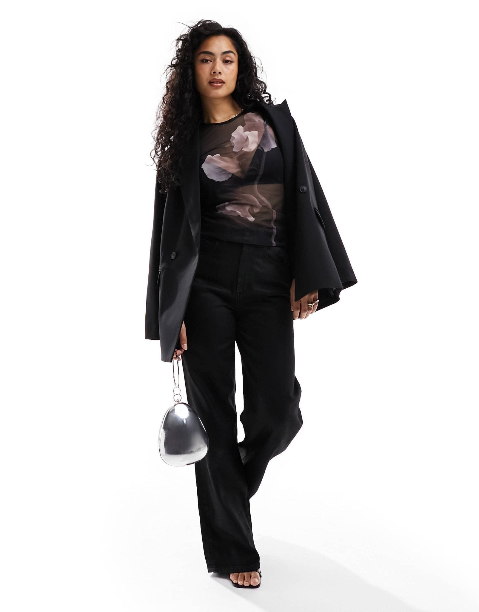 & Other Stories mesh long sleeve top in black with floral front print - ASOS Sample Sale