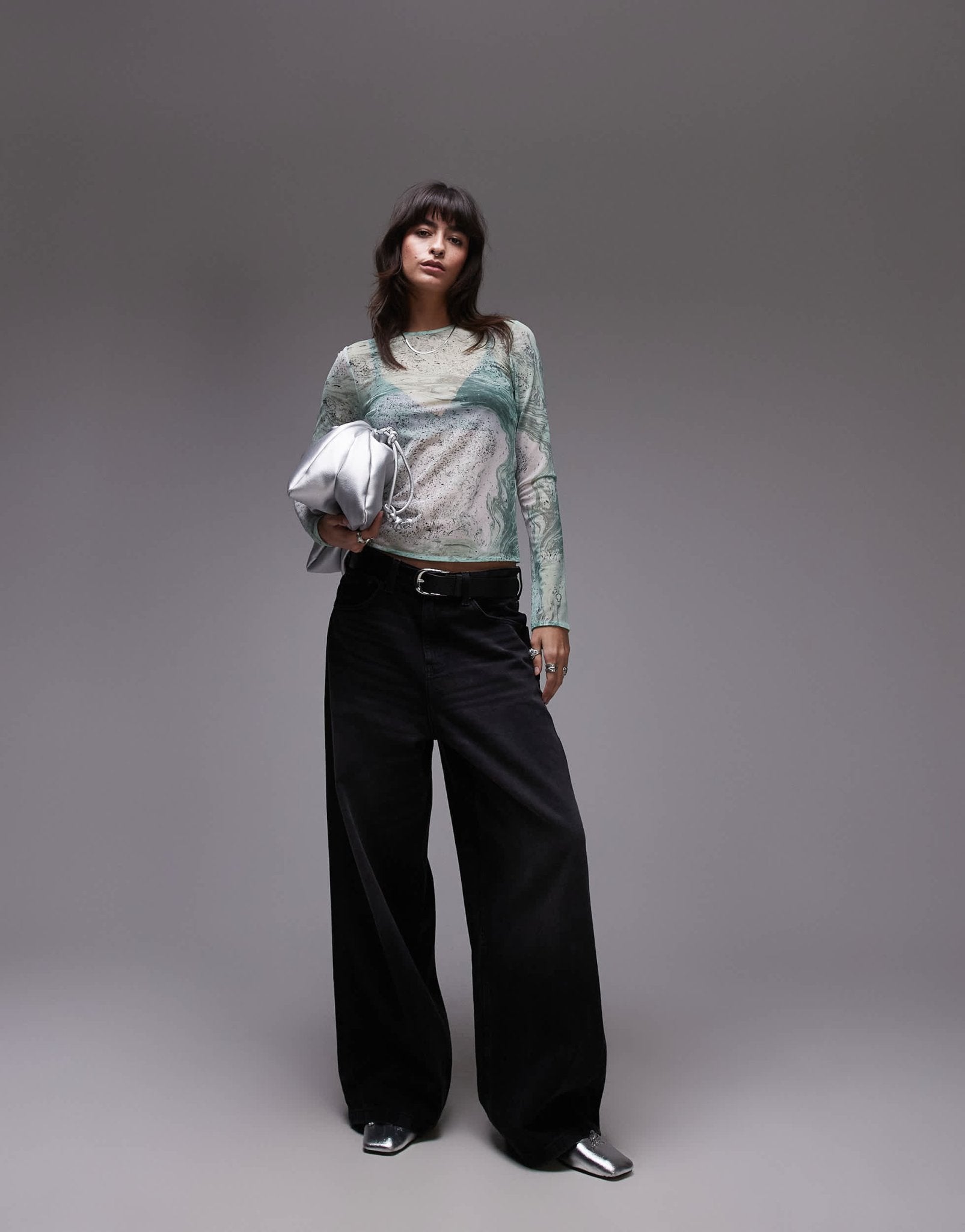 & Other Stories mesh long sleeve top in green marble print - ASOS Sample Sale