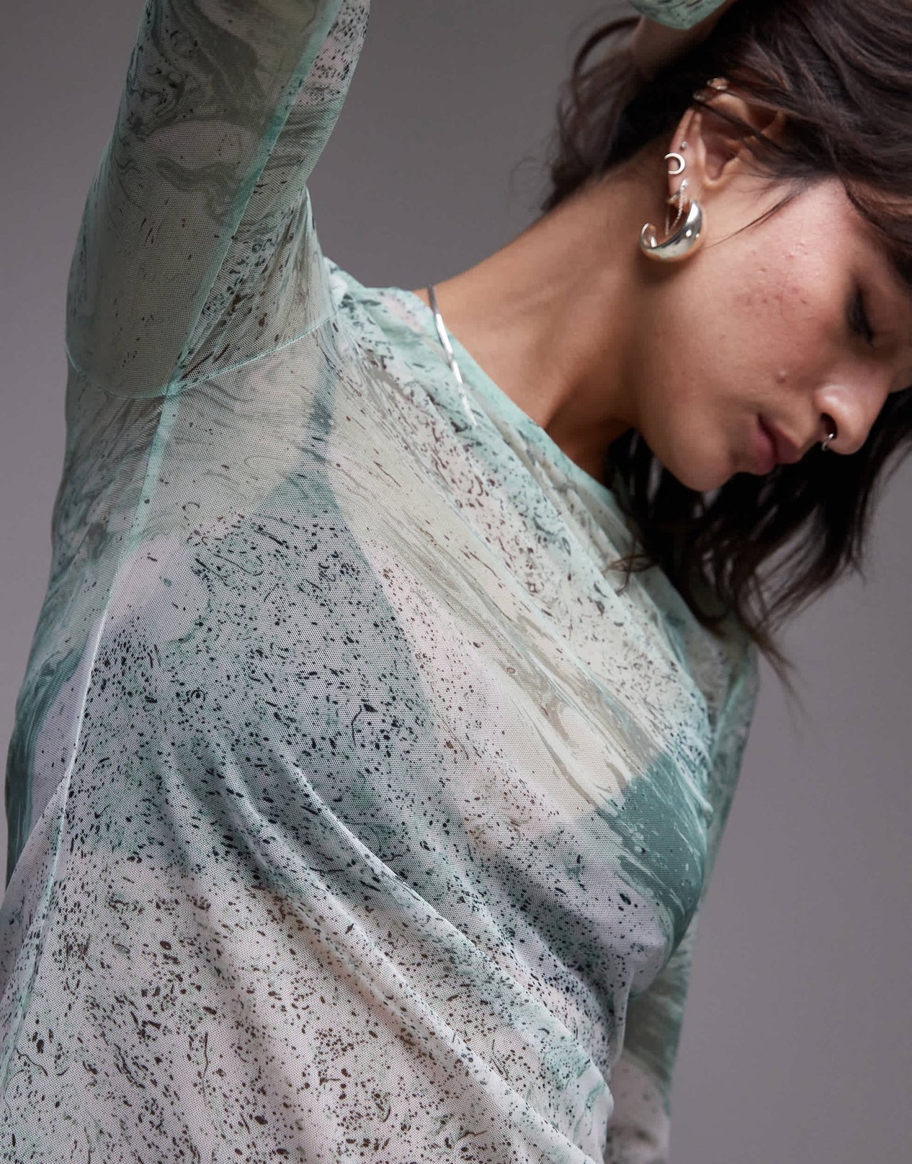 & Other Stories mesh long sleeve top in green marble print - ASOS Sample Sale