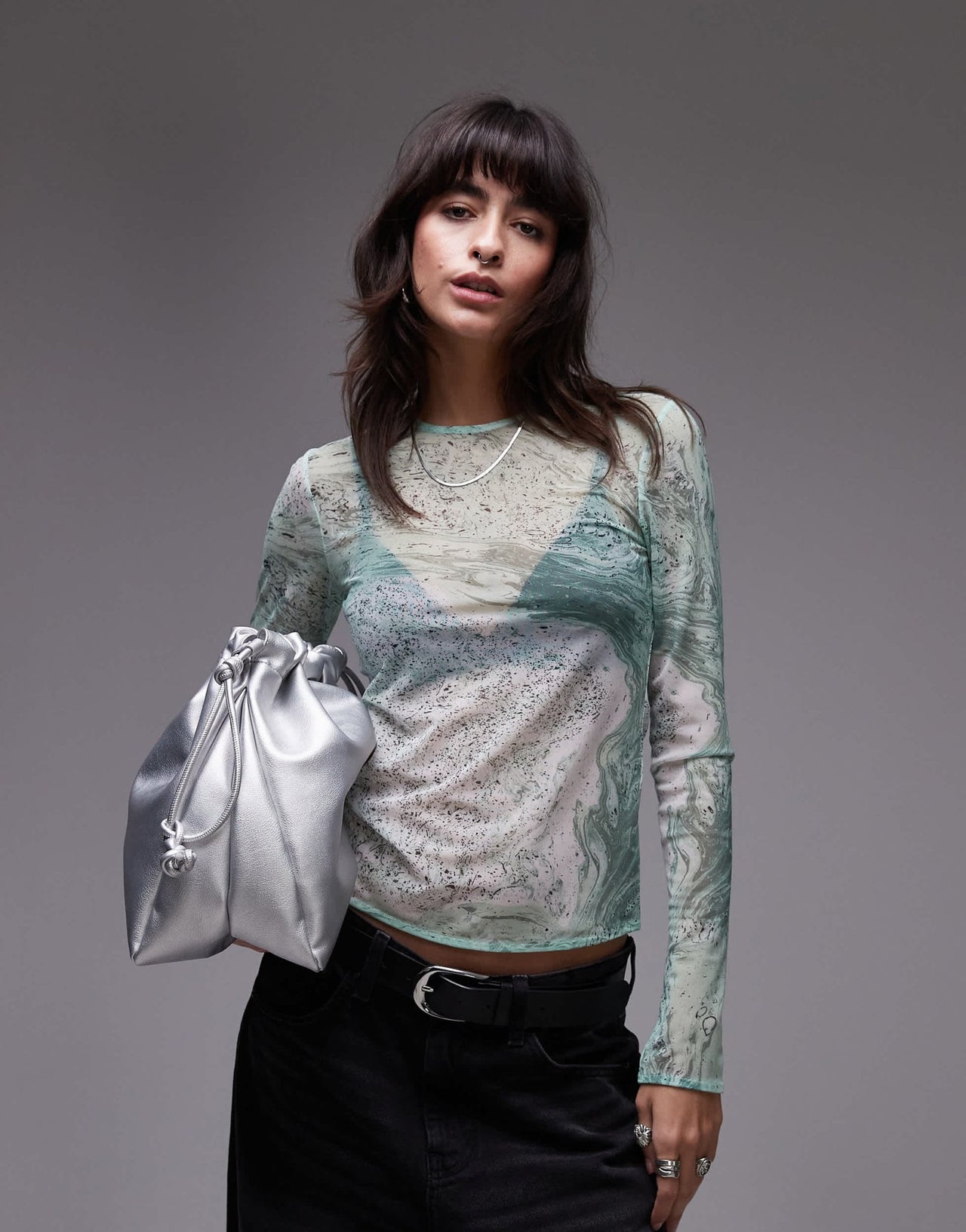 & Other Stories mesh long sleeve top in green marble print - ASOS Sample Sale