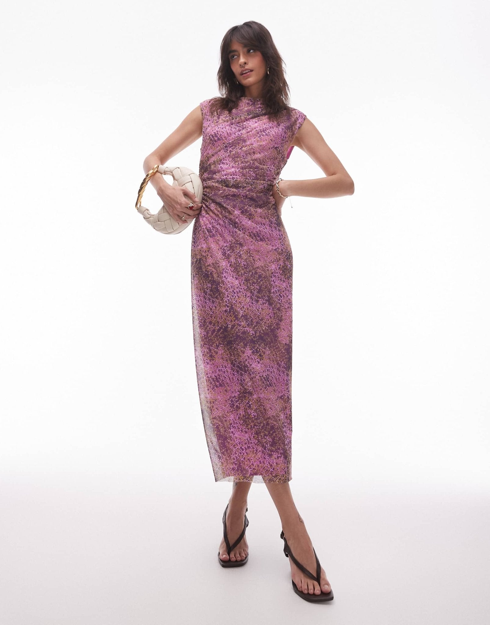 & Other Stories mesh midi dress with drape detail in pink abstract print - ASOS Sample Sale