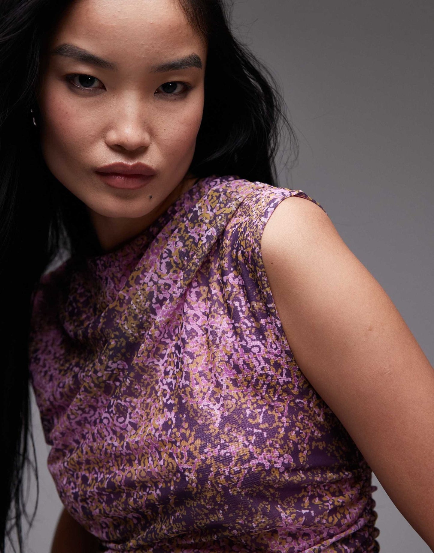 & Other Stories mesh top with drape detail&nbsp;in pink print - ASOS Sample Sale