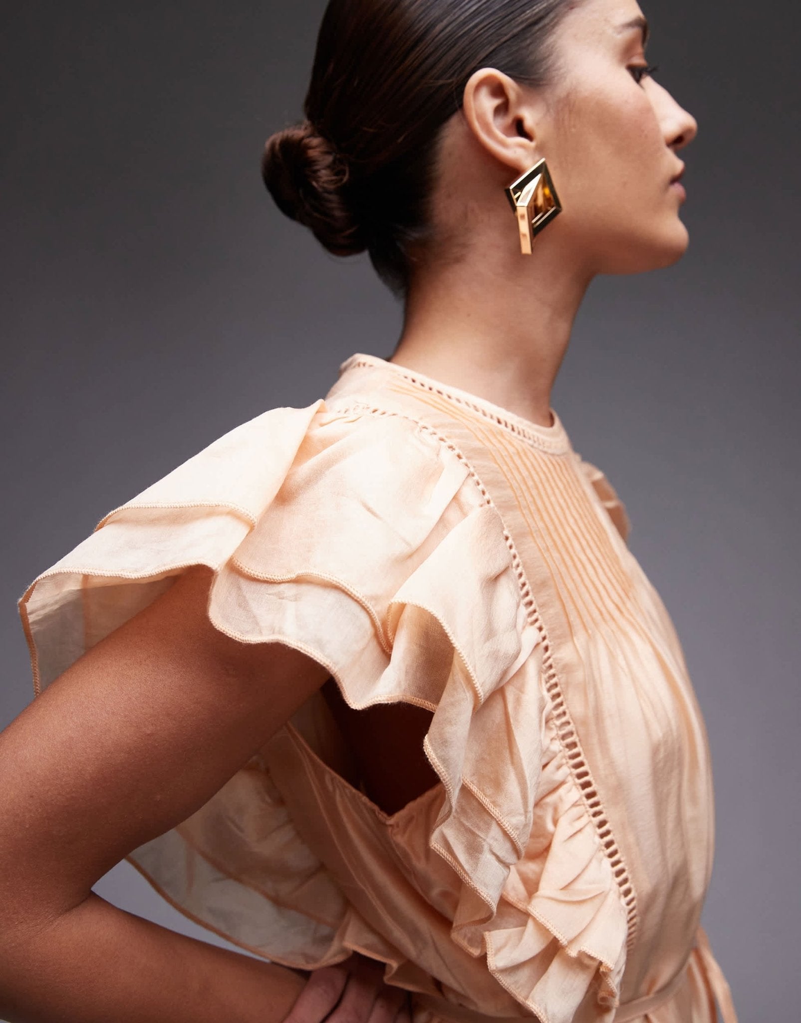 & Other Stories midaxi dress with pintuck bodice and double ruffle sleeves in beige - ASOS Sample Sale