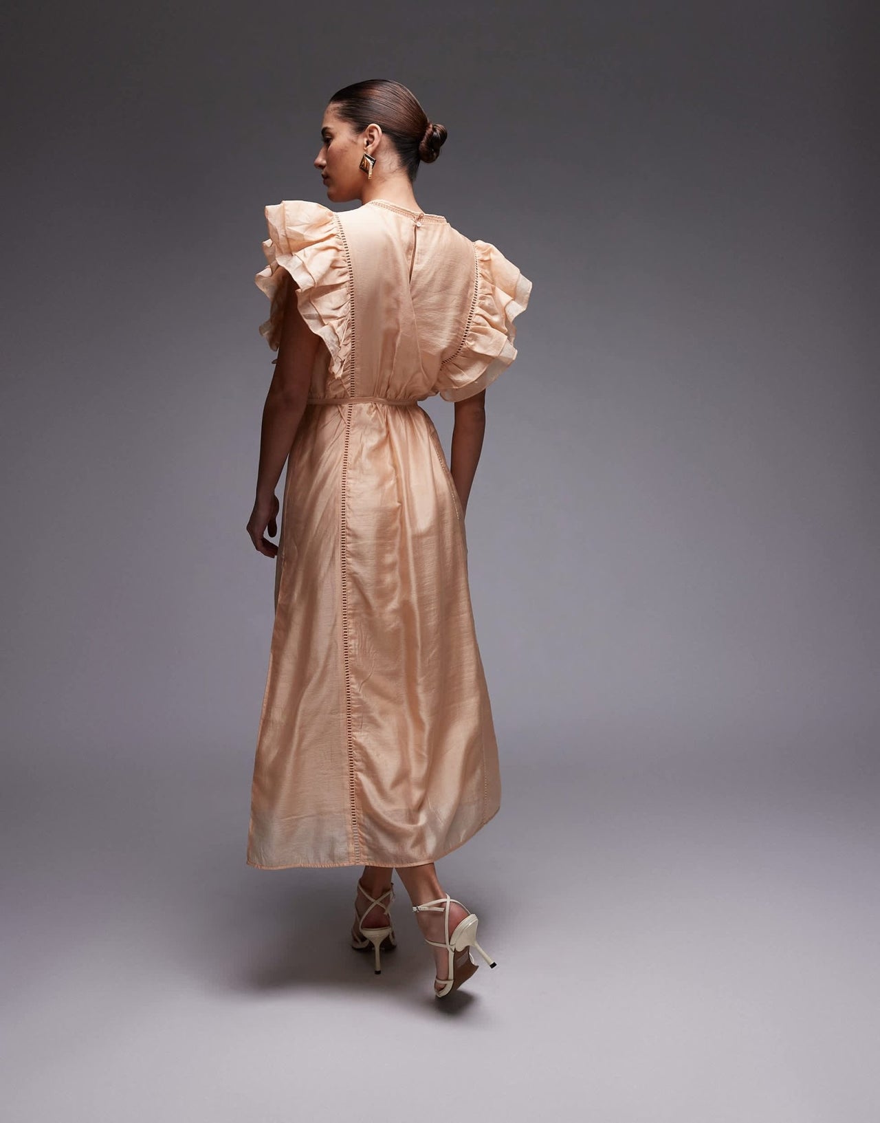 & Other Stories midaxi dress with pintuck bodice and double ruffle sleeves in beige - ASOS Sample Sale