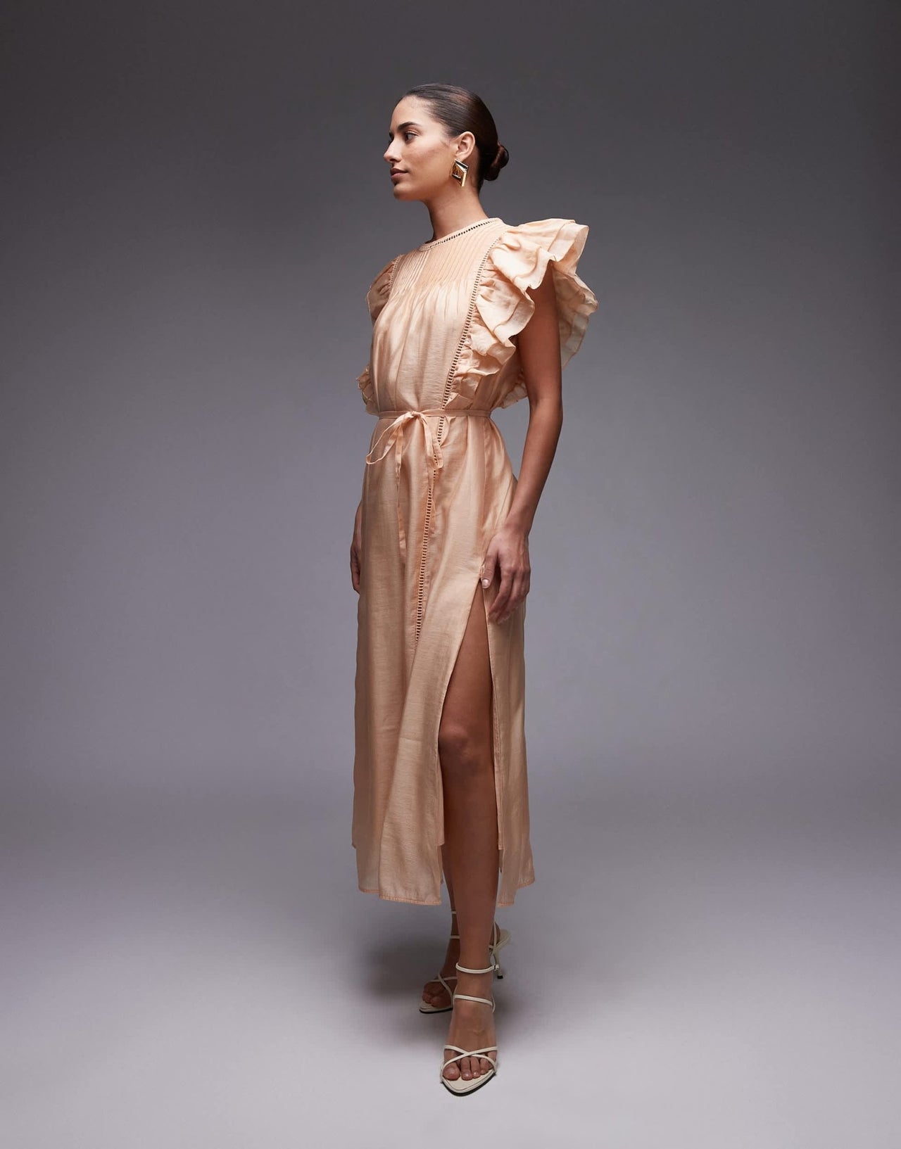 & Other Stories midaxi dress with pintuck bodice and double ruffle sleeves in beige - ASOS Sample Sale