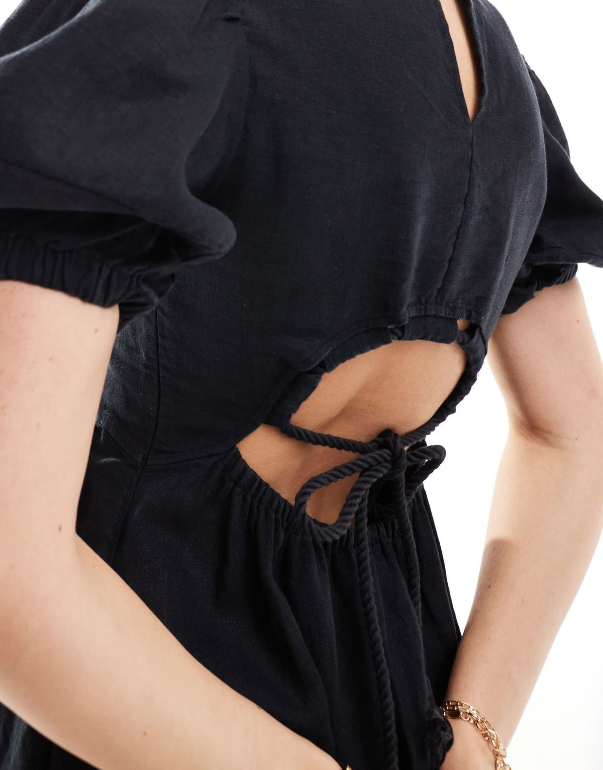 & Other Stories midi dress with volume sleeves and open back detail with tassels in black - ASOS Sample Sale