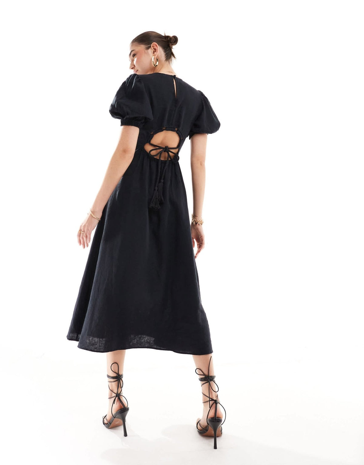 & Other Stories midi dress with volume sleeves and open back detail with tassels in black - ASOS Sample Sale