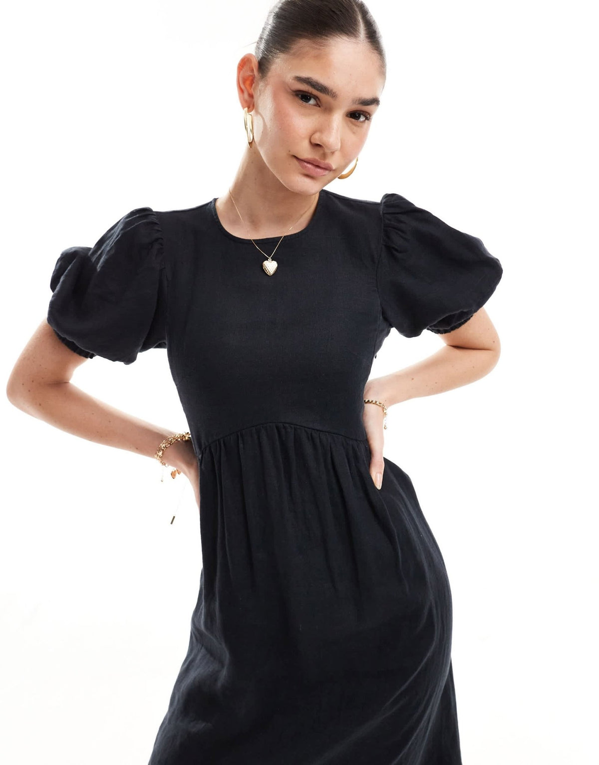 & Other Stories midi dress with volume sleeves and open back detail with tassels in black - ASOS Sample Sale