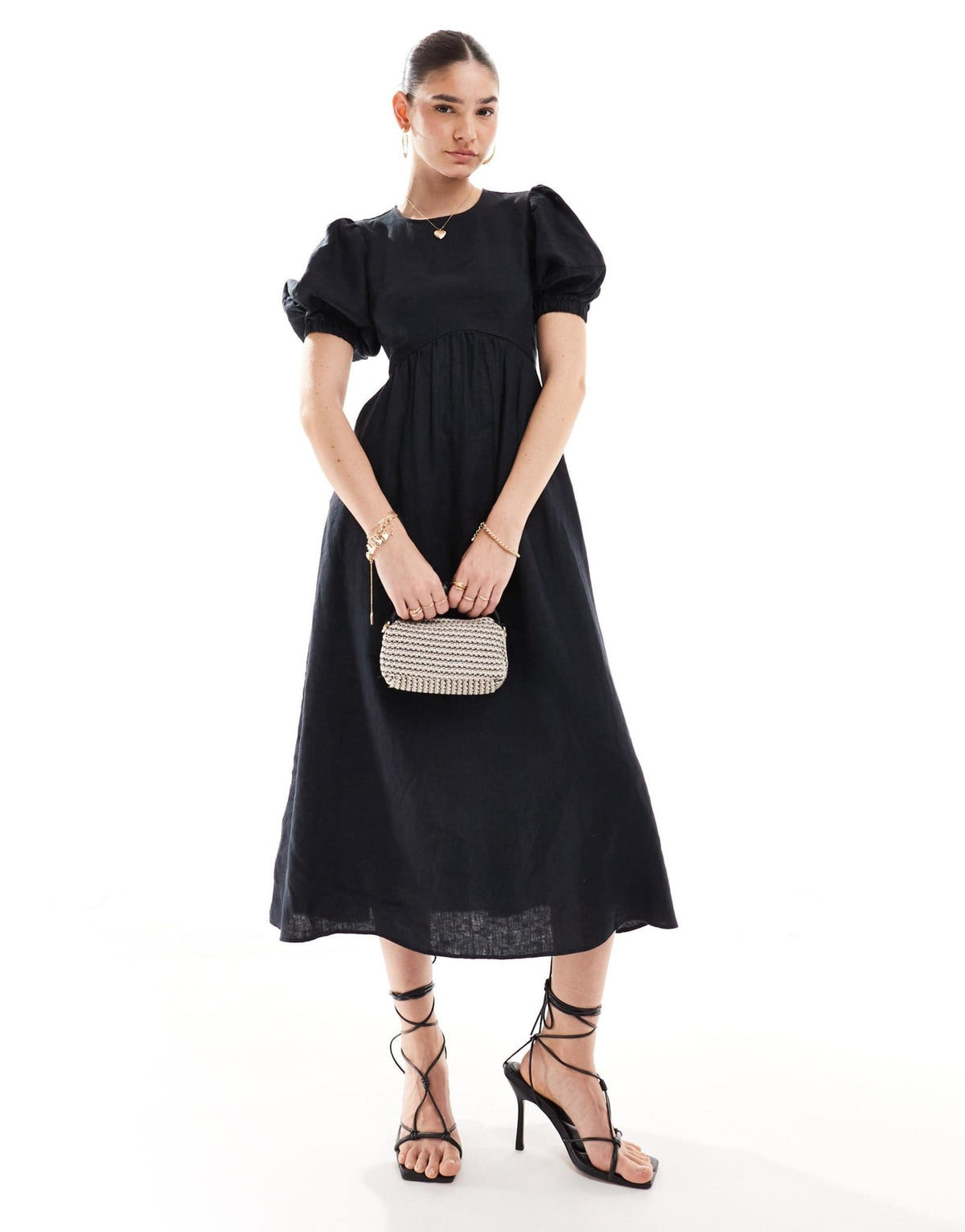 & Other Stories midi dress with volume sleeves and open back detail with tassels in black - ASOS Sample Sale