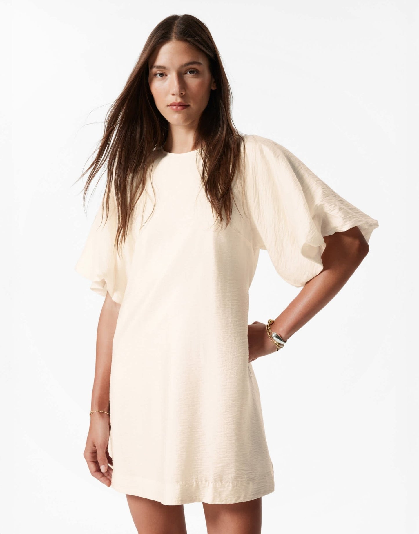 & Other Stories mini dress with puff sleeves with tie-back belt in white - ASOS Sample Sale
