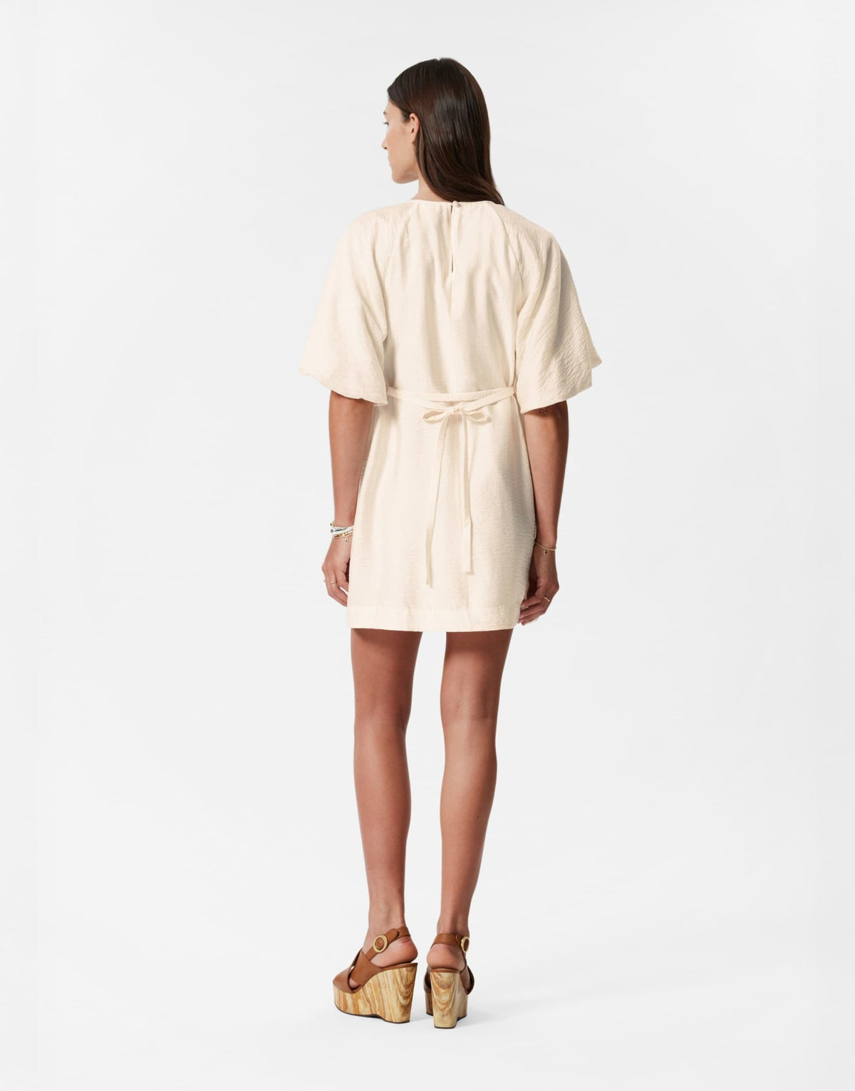 & Other Stories mini dress with puff sleeves with tie-back belt in white - ASOS Sample Sale