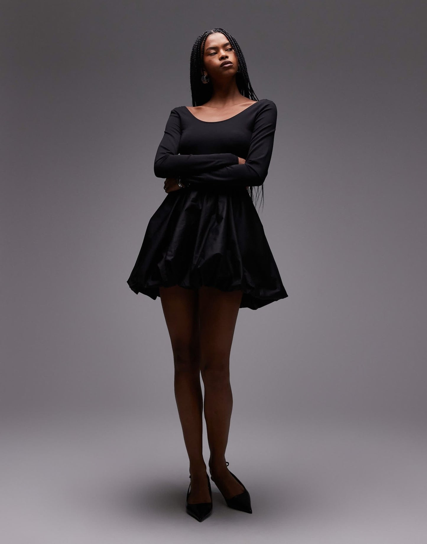 & Other Stories mini dress with puffball hem in black mixed jersey and woven fabric - ASOS Sample Sale
