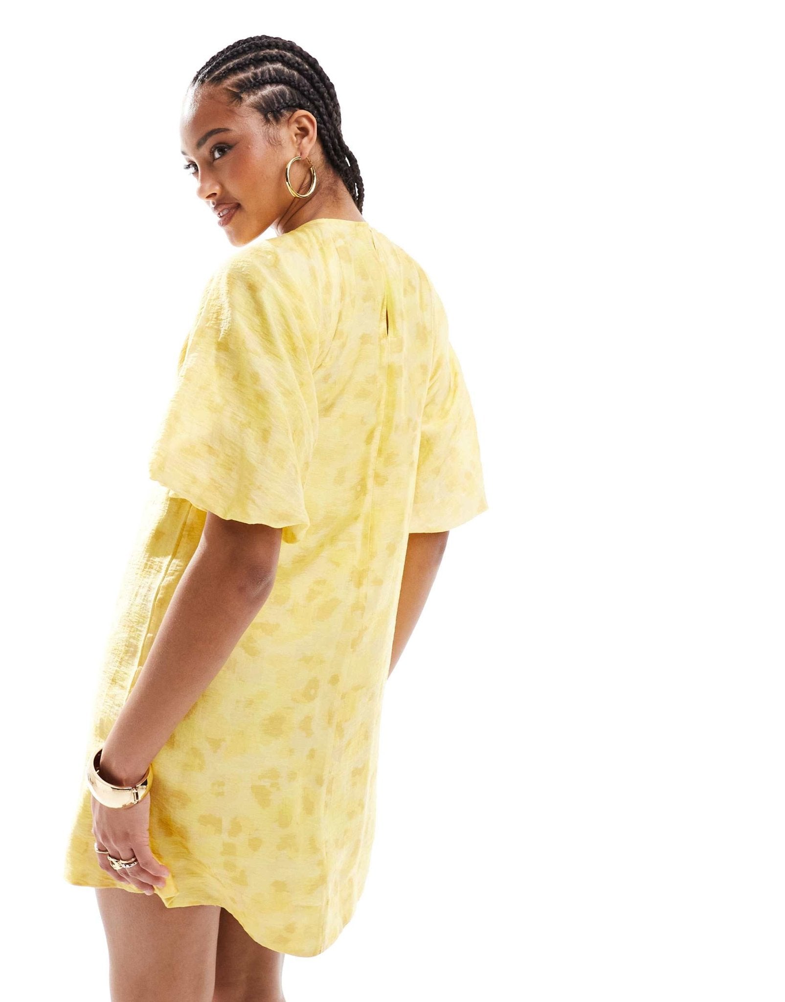 & Other Stories mini dress with short volume puff sleeves in yellow floral print - ASOS Sample Sale