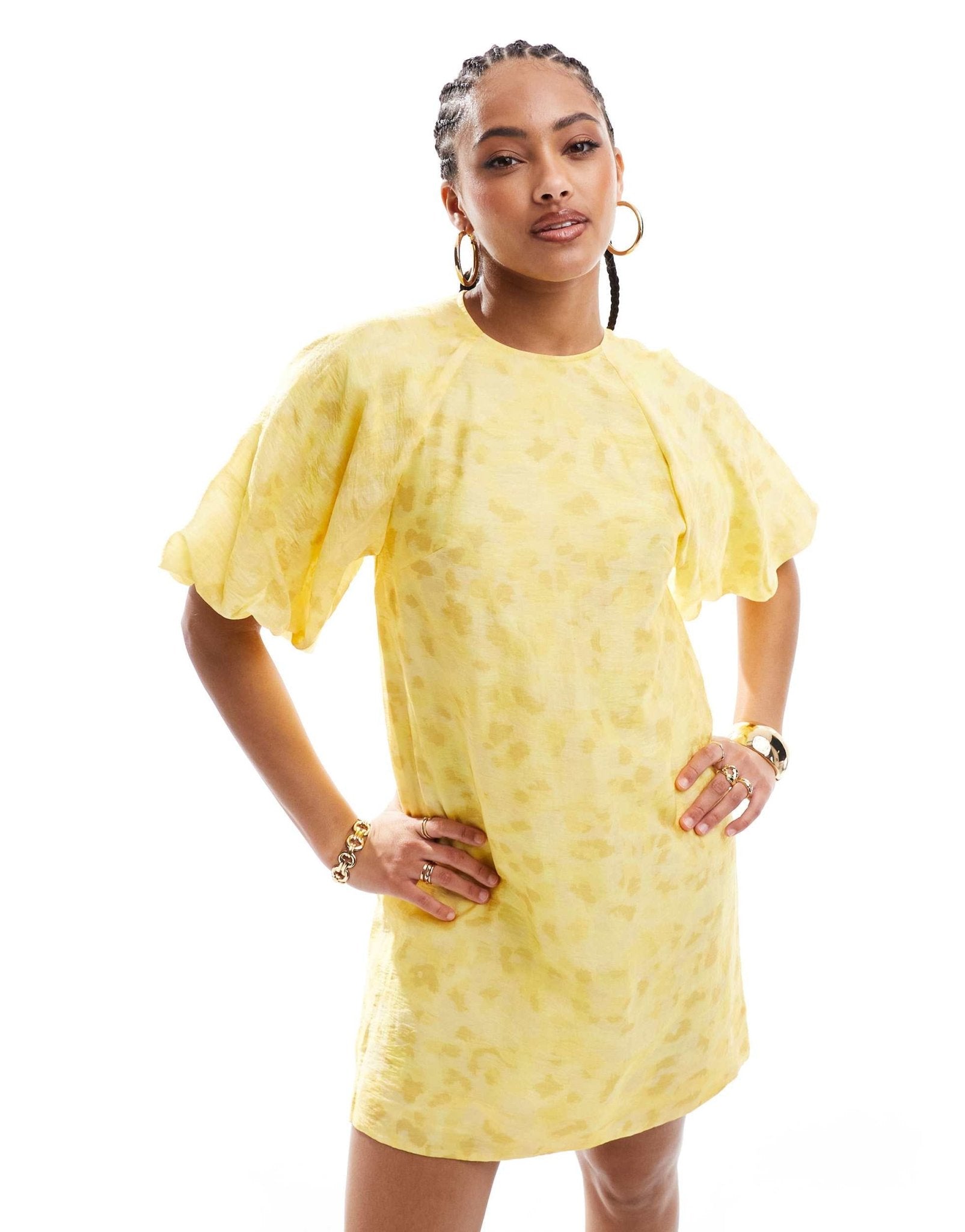 & Other Stories mini dress with short volume puff sleeves in yellow floral print - ASOS Sample Sale
