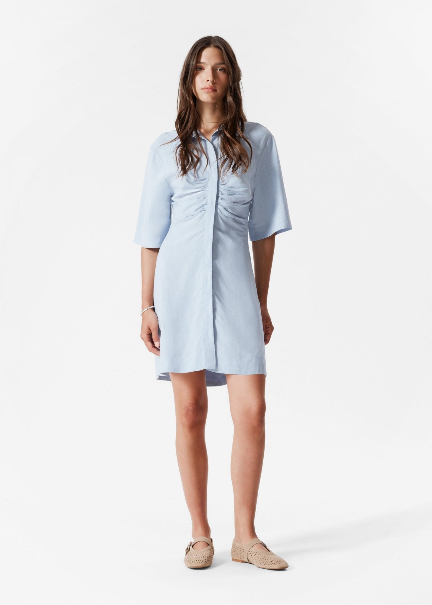 & Other Stories mini shirt dress with ruche front in blue - ASOS Sample Sale