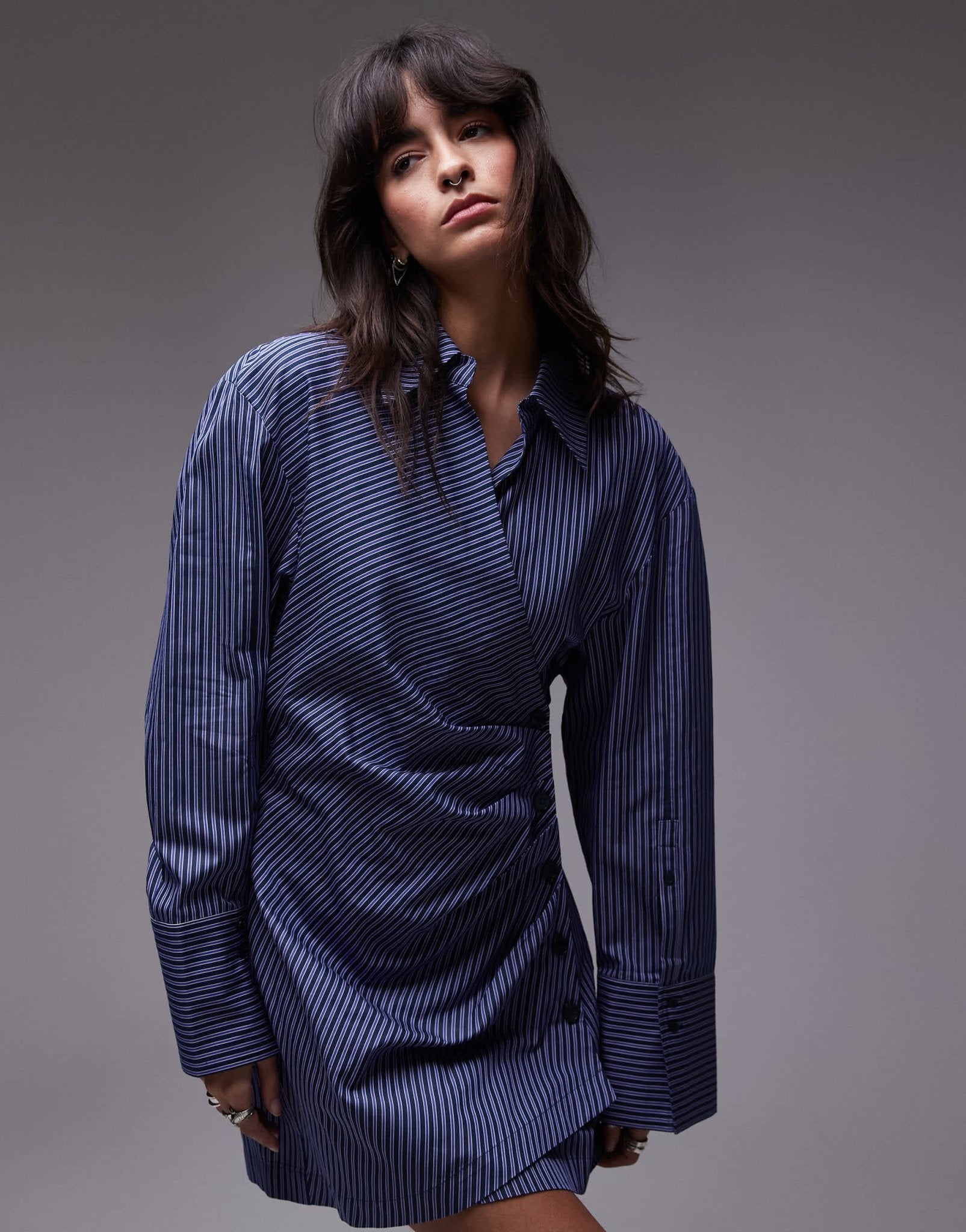 & Other Stories mini shirt dress with ruche wrap front in blue stripes - ASOS Sample Sale