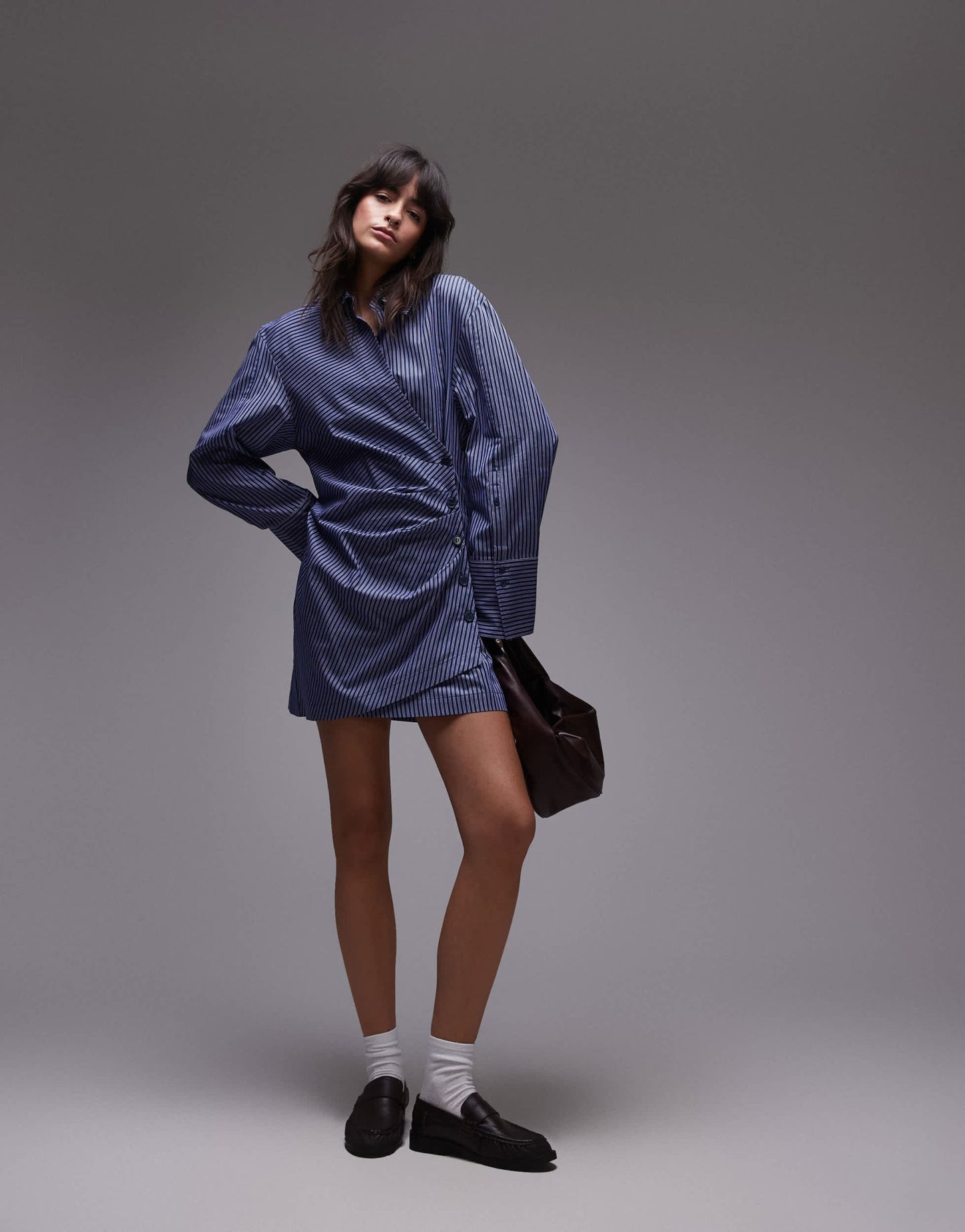 & Other Stories mini shirt dress with ruche wrap front in blue stripes - ASOS Sample Sale