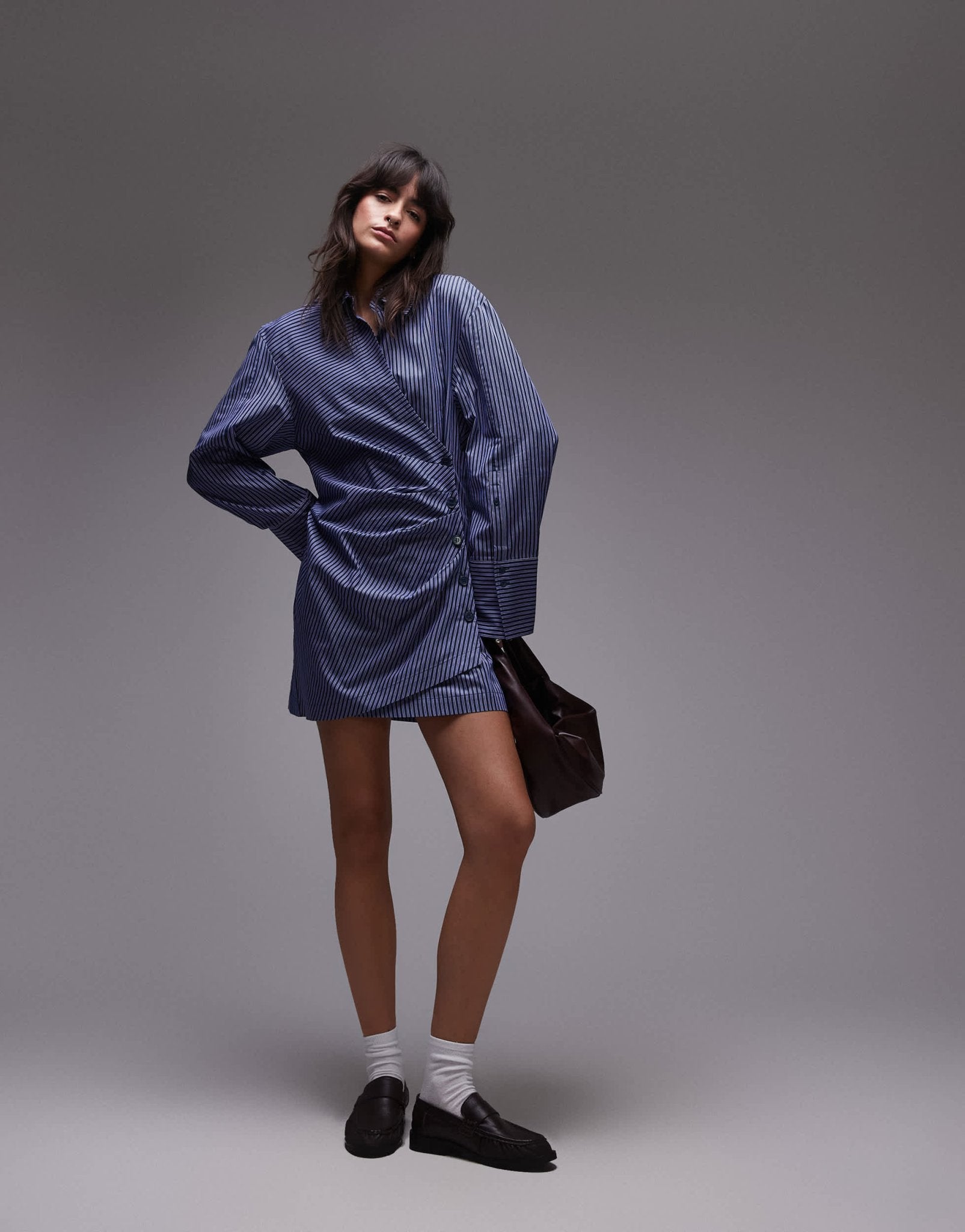 & Other Stories mini shirt dress with ruche wrap front in blue stripes - ASOS Sample Sale