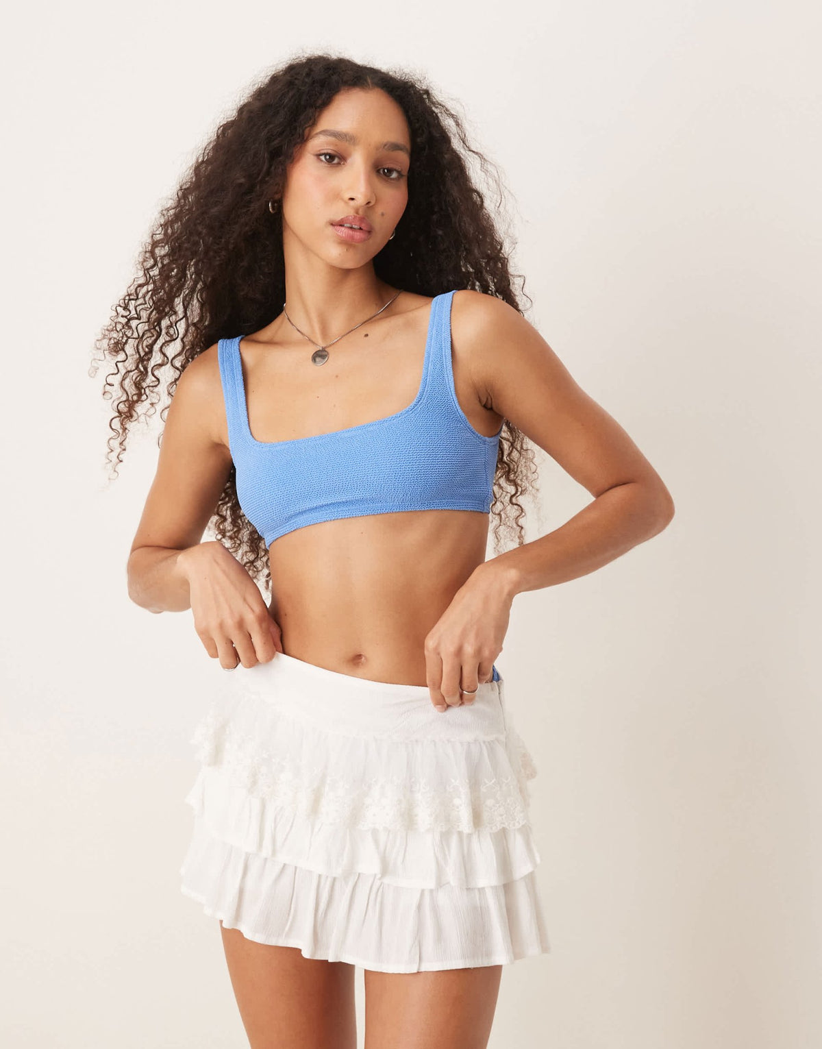 & Other Stories mix and match crinkle scoop front bikini top with low back in blue - ASOS Sample Sale