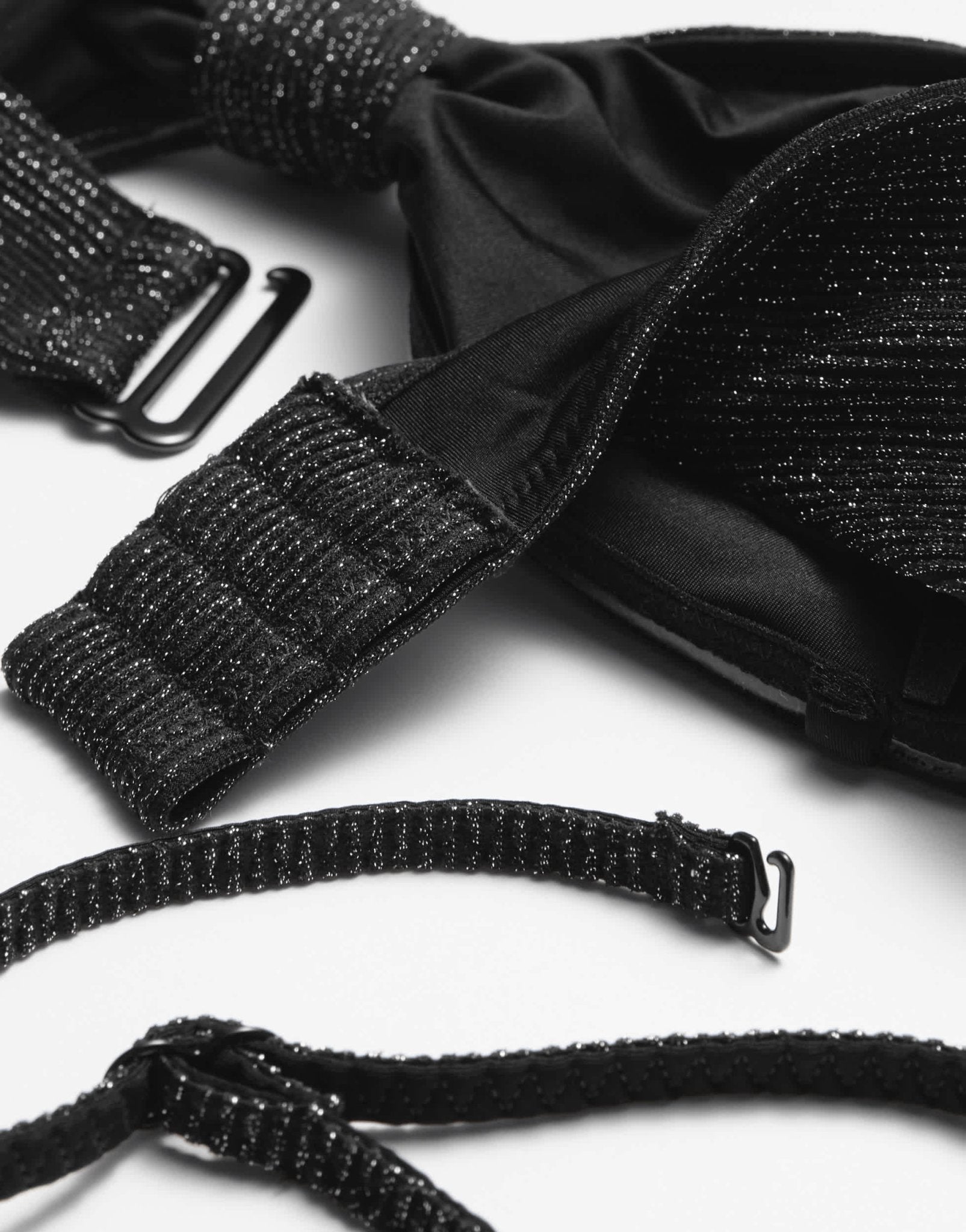 & Other Stories mix and match knot front bandeau bikini top with gold glitter thread and removeable padding in black - ASOS Sample Sale