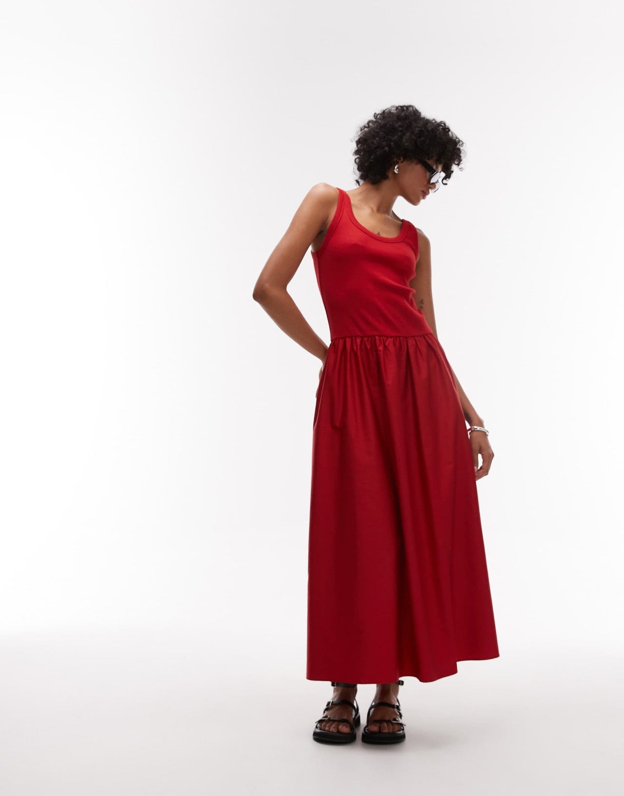 & Other Stories mixed jersey and woven maxi dress with volume hem in red - ASOS Sample Sale