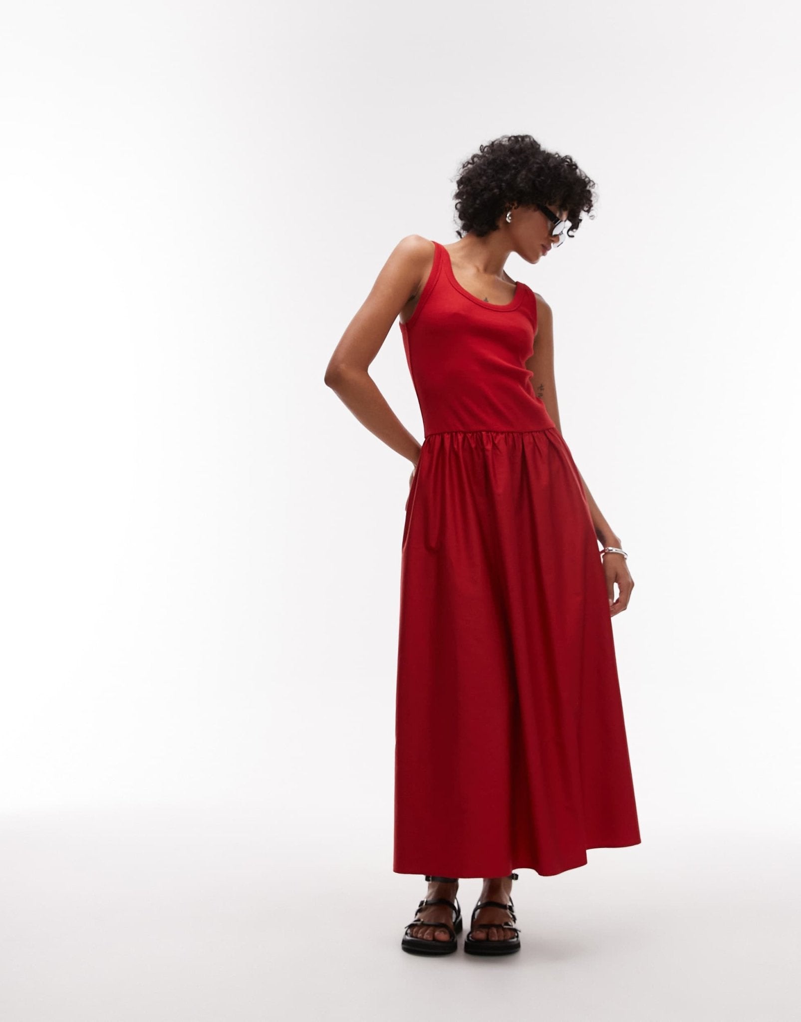 & Other Stories mixed jersey and woven maxi dress with volume hem in red - ASOS Sample Sale