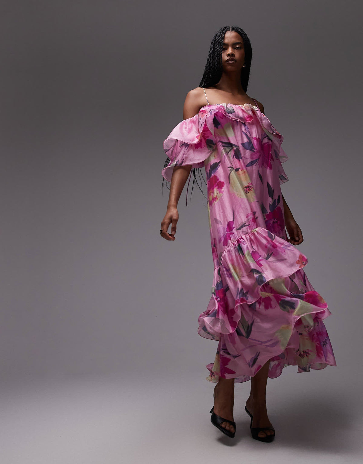 & Other Stories off shoulder ruffle midaxi dress in pink floral print - ASOS Sample Sale