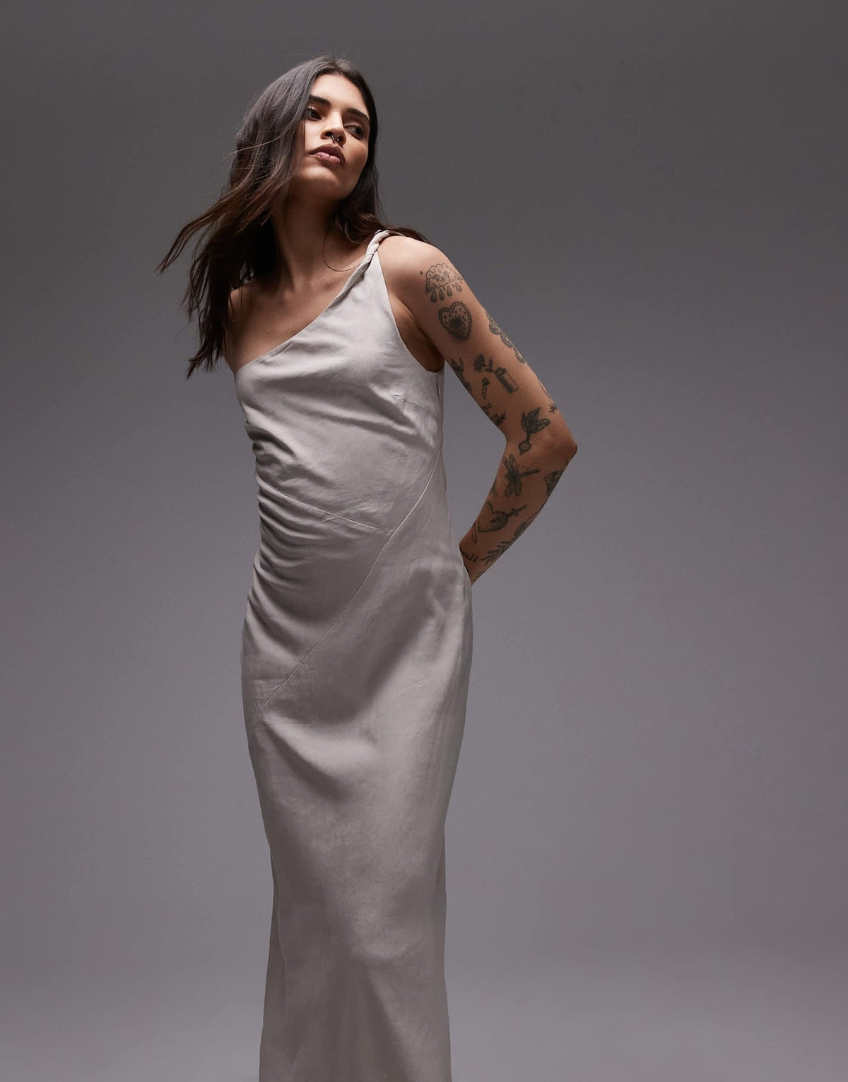 & Other Stories one shoulder linen midi dress with twisted strap detail in vintage white - ASOS Sample Sale