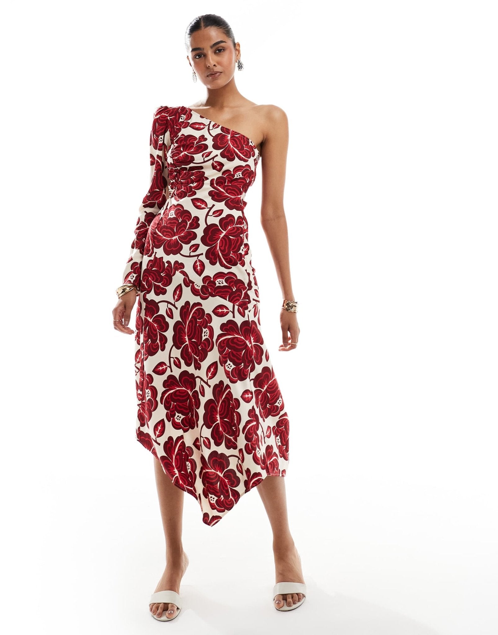 & Other Stories one shoulder long sleeve midaxi dress with asymmetric hem in bold floral print - ASOS Sample Sale