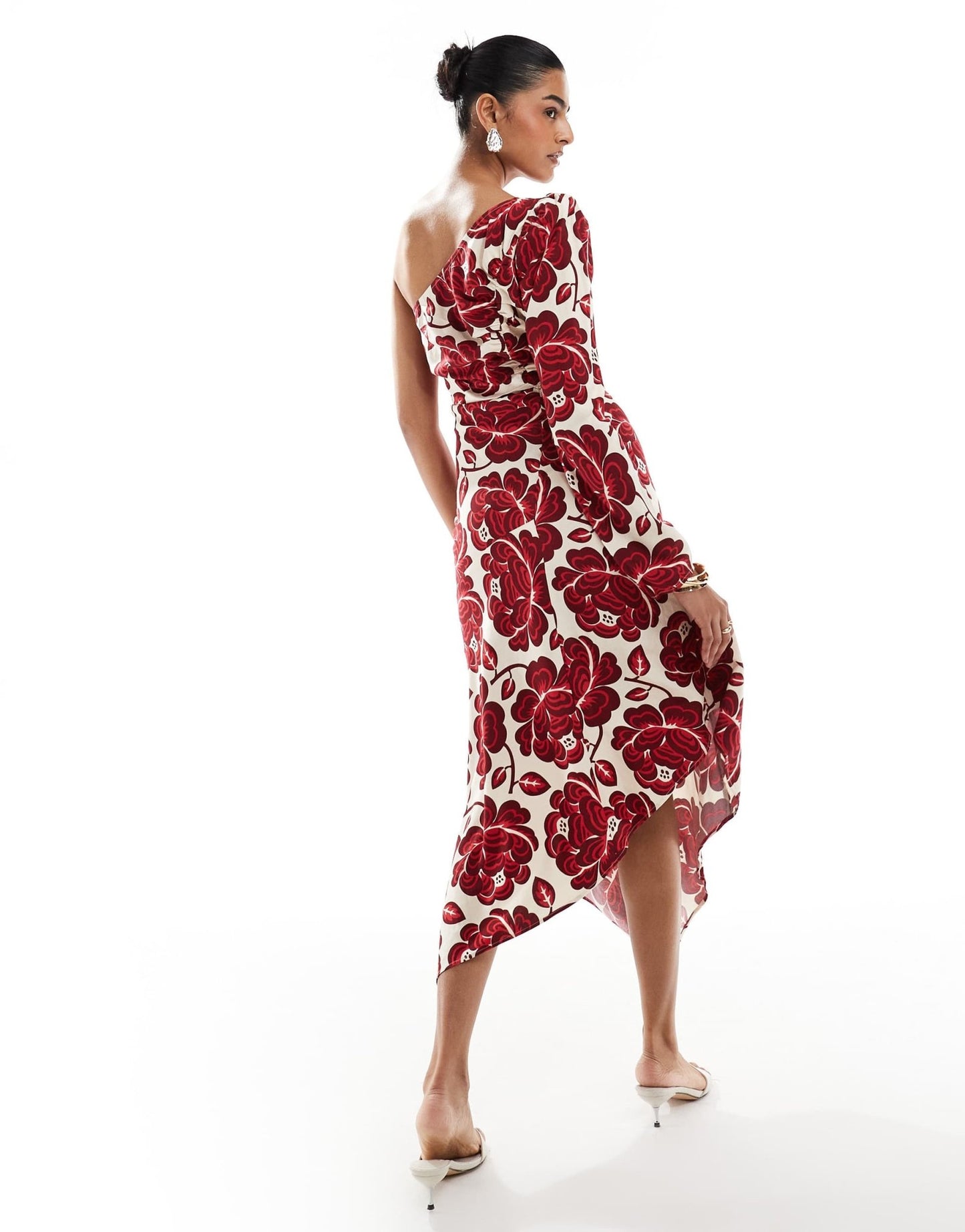 & Other Stories one shoulder long sleeve midaxi dress with asymmetric hem in bold floral print - ASOS Sample Sale
